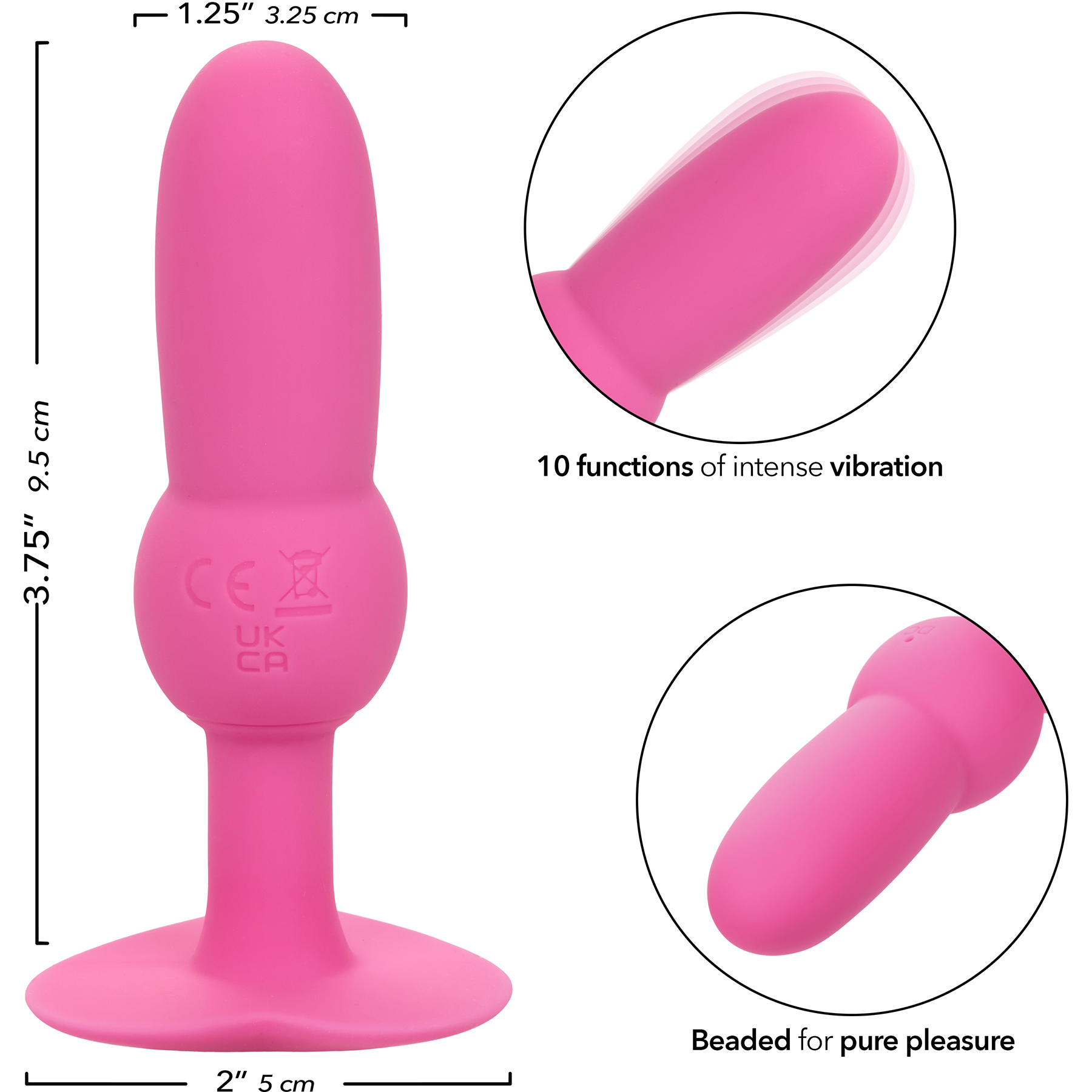 First Time Vibrating Beaded Probe Rechargeable Waterproof Silicone Butt Plug - Measurements