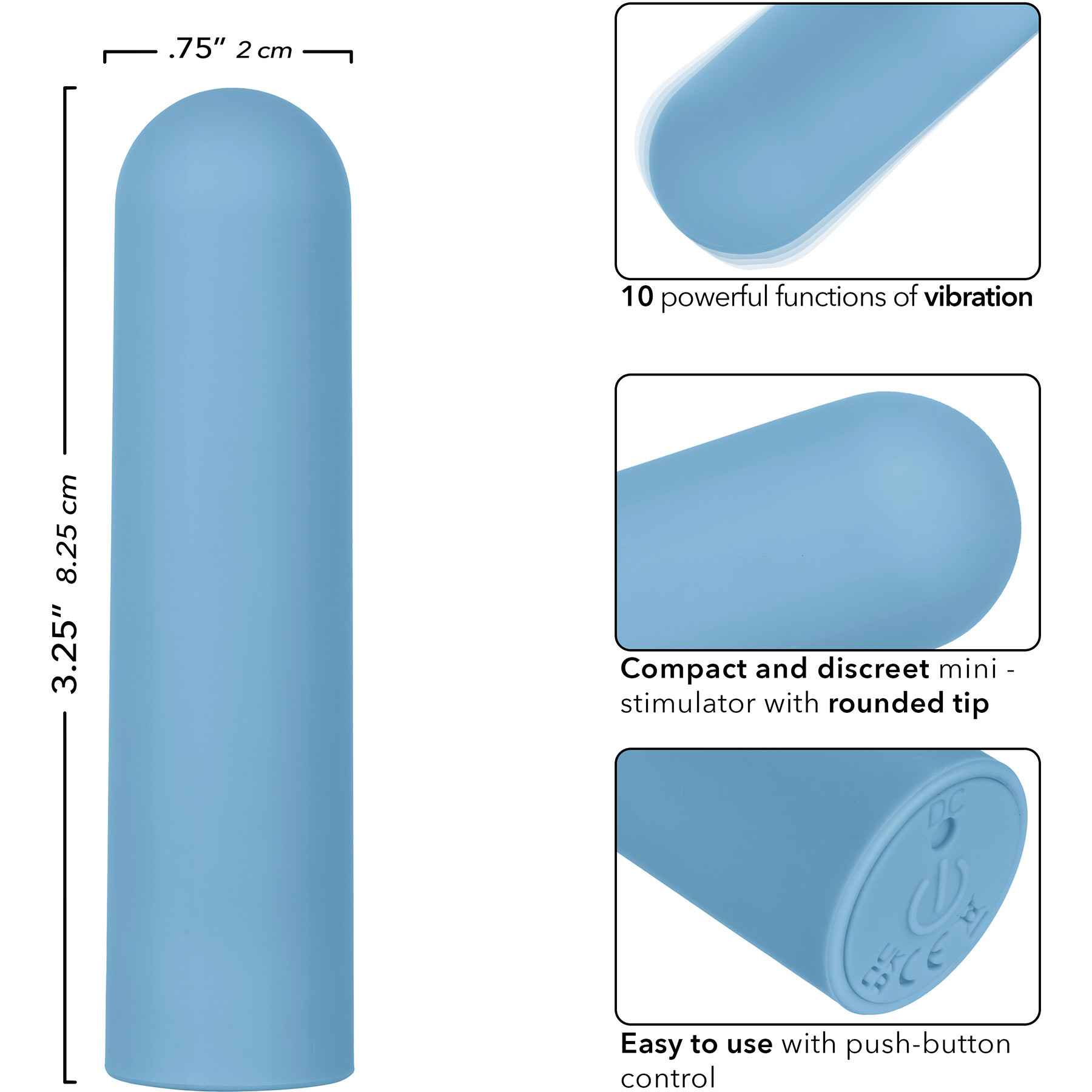 Turbo Buzz Rechargeable Waterproof Rounded Bullet Vibrator - Measurements