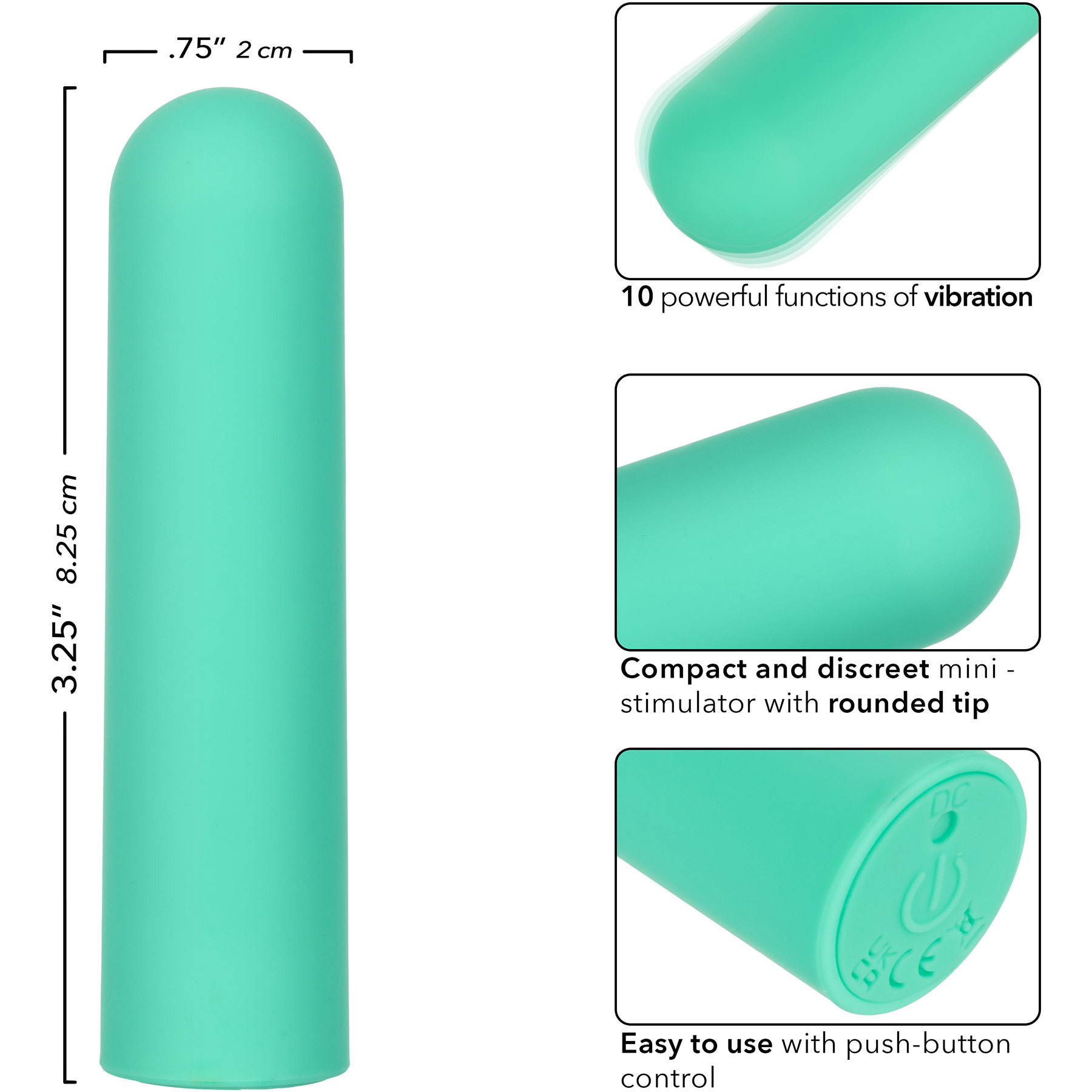 Turbo Buzz Rounded Bullet Rechargeable Waterproof Vibrator - Measurements