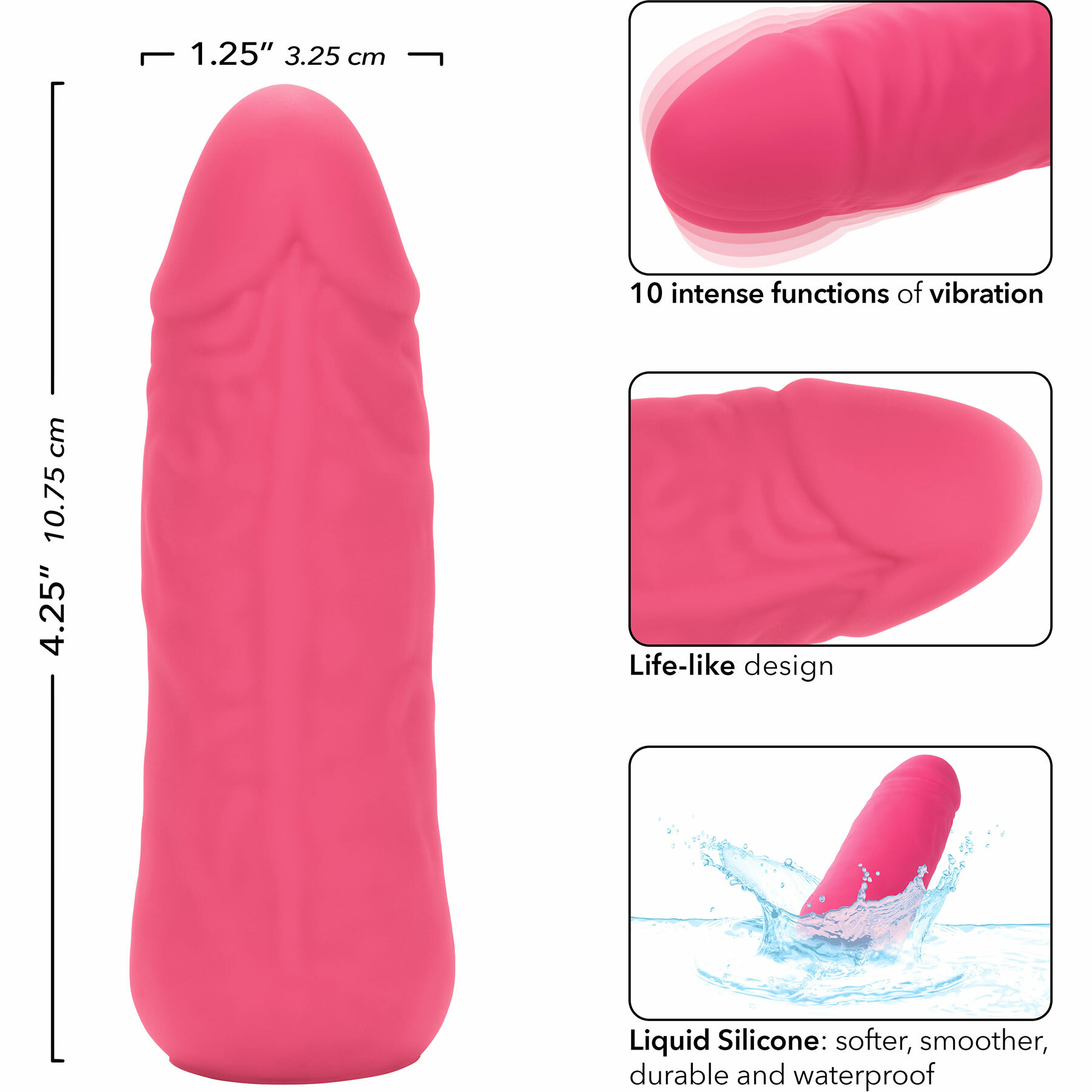 Mini Vibrating Studs Rechargeable Waterproof Silicone Dildo - Measurements