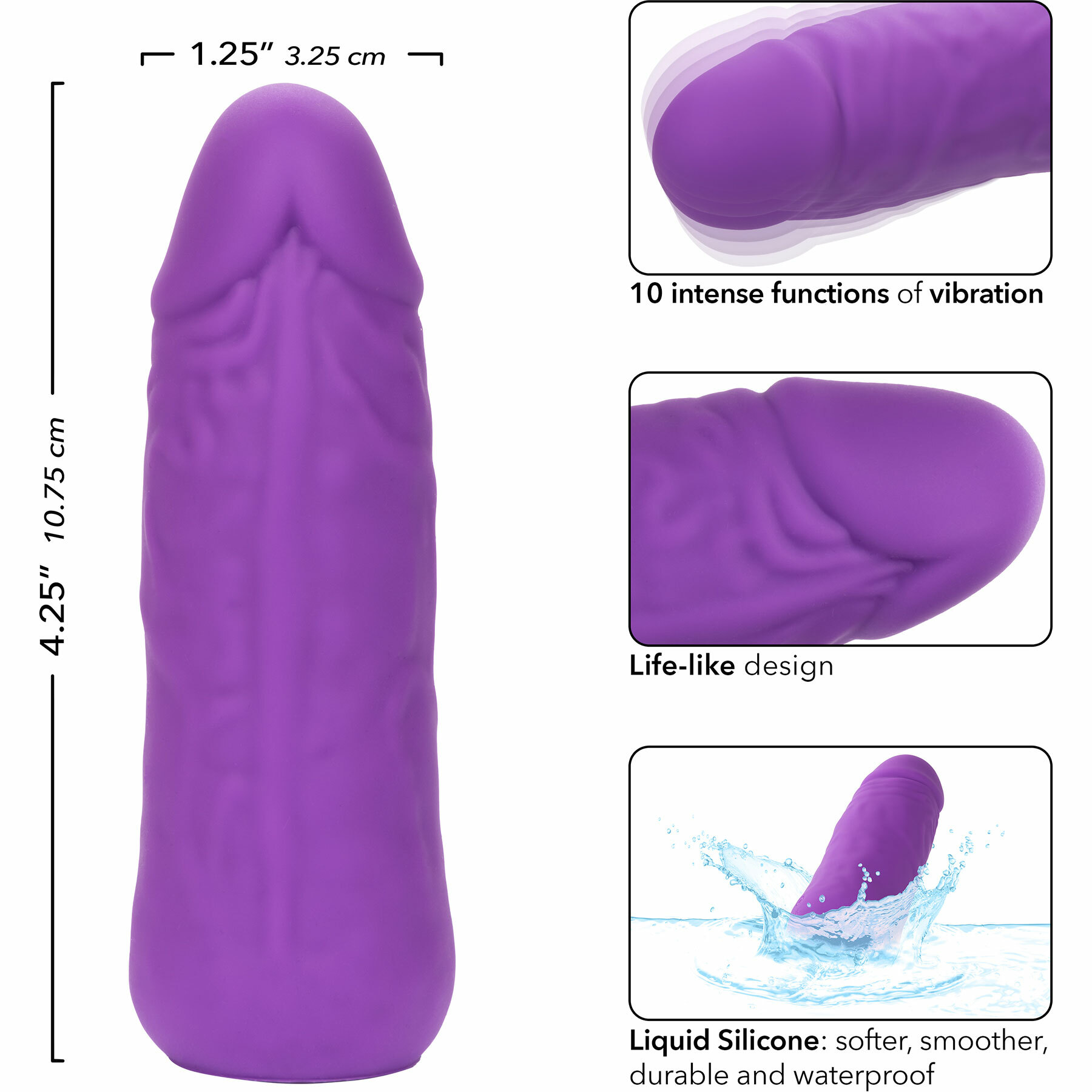 Mini Vibrating Studs Rechargeable Waterproof Silicone Dildo - Measurements