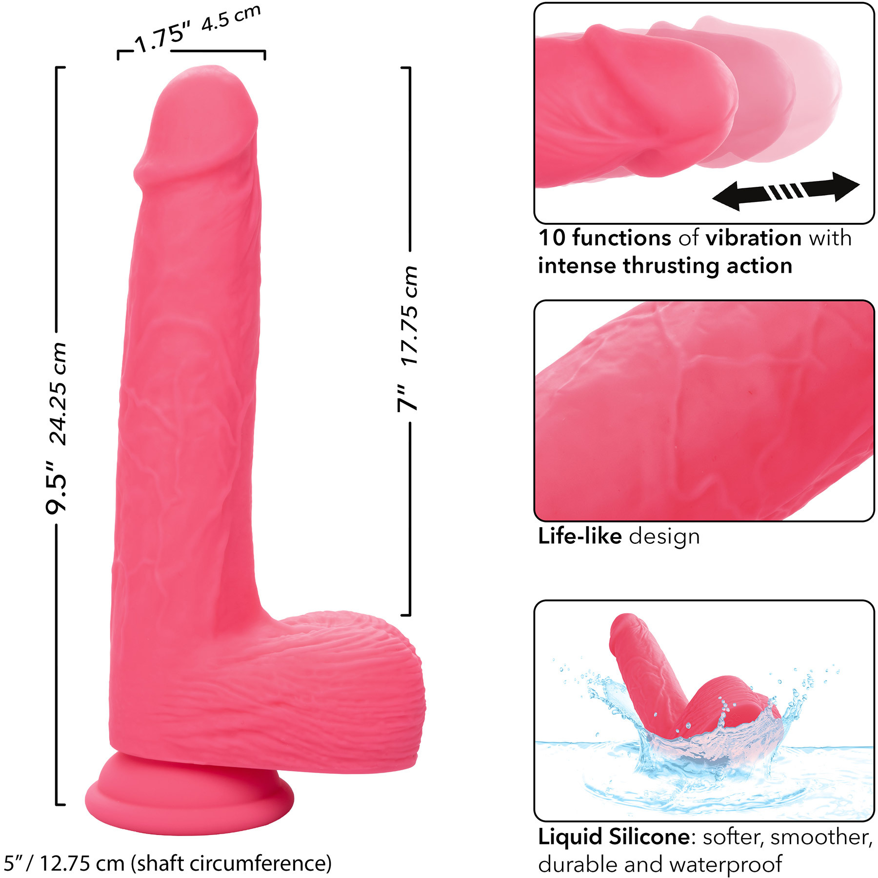 Studs 7" Rechargeable Rumbling & Thrusting Silicone Suction Cup Dildo - Measurements