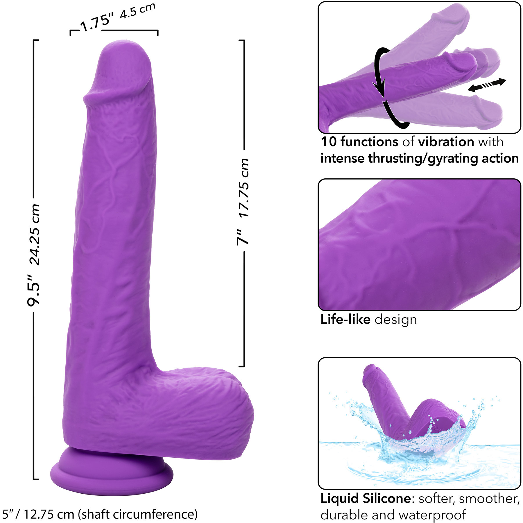 Studs 7" Rechargeable Gyrating & Thrusting Silicone Suction Cup Dildo - Measurements