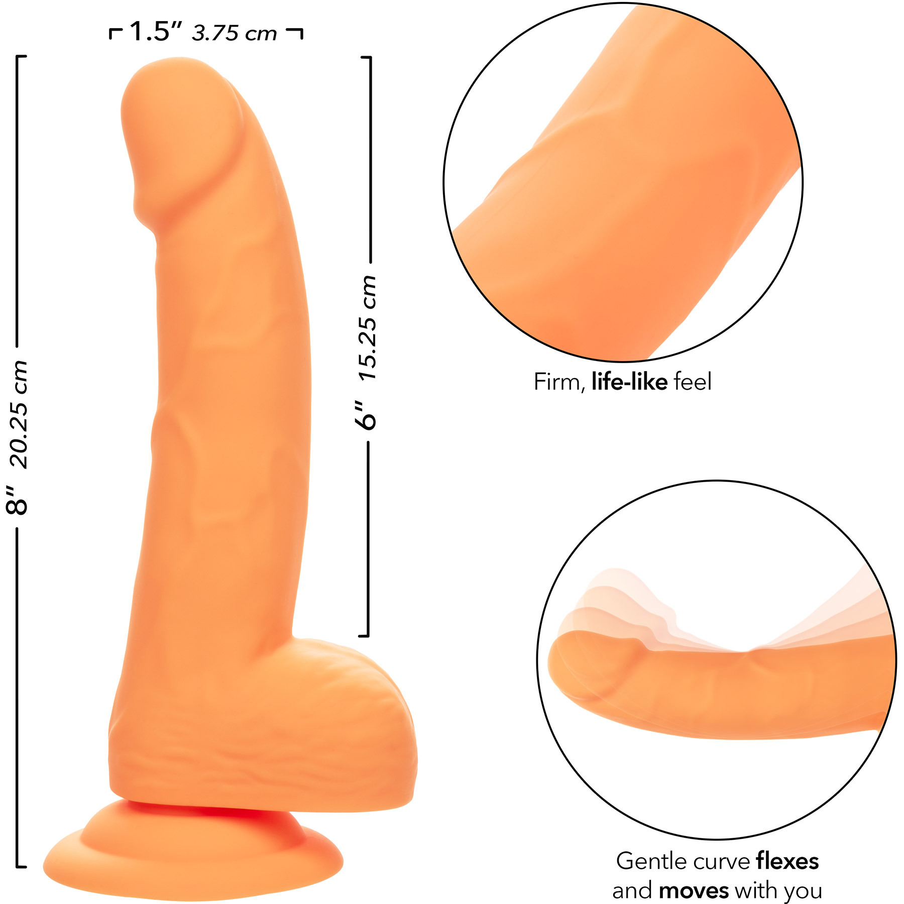 Studs 6" Neon Silicone Realistic Suction Cup Dildo - Measurements