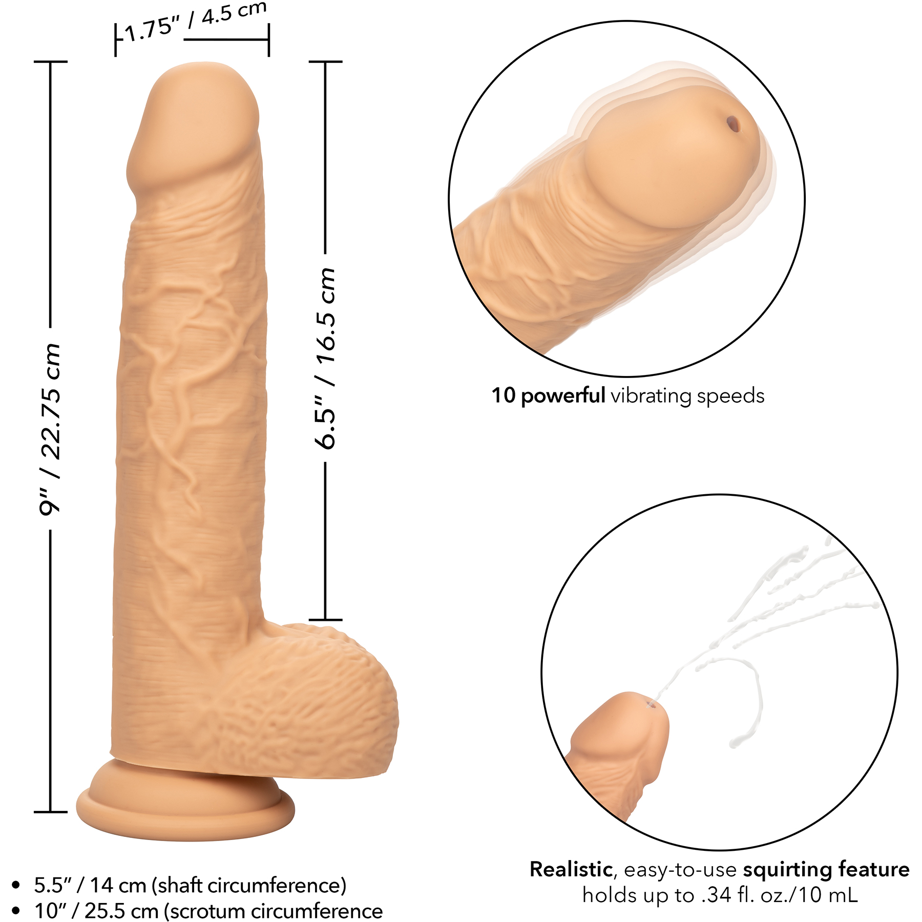 Squirting Fuck Stick 9" Rechargeable Waterproof Vibrating Realistic Silicone Suction Cup Dildo - Measurements