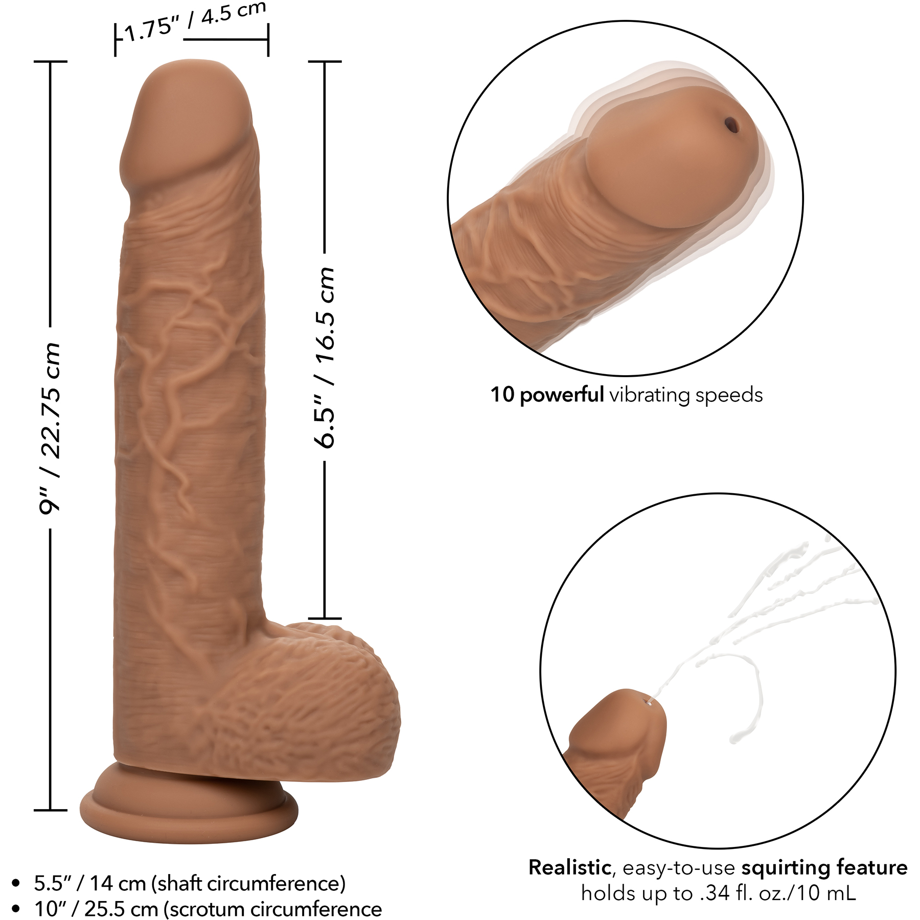 Squirting Fuck Stick 9" Rechargeable Waterproof Vibrating Realistic Silicone Suction Cup Dildo - Measurements