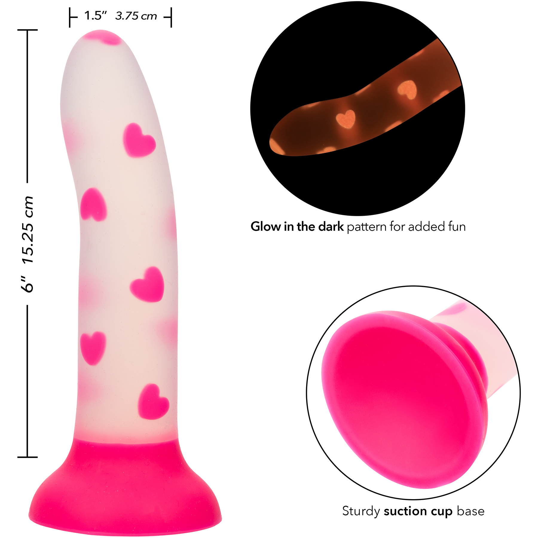 Glow Stick Heart 6" Glow In The Dark Silicone Suction Cup Dildo - Measurements