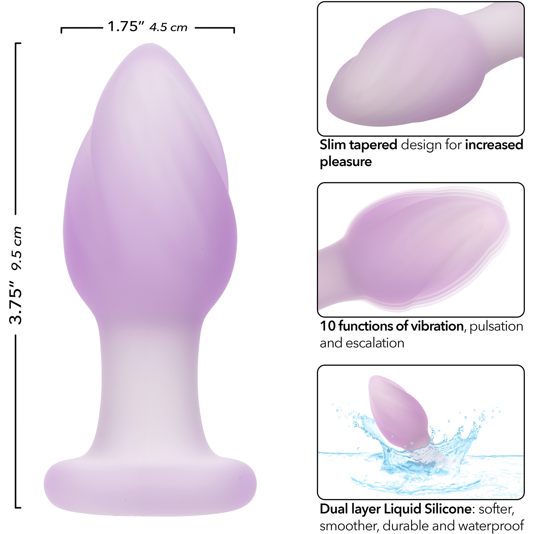 Lavender Haze Ridge Probe Rechargeable Waterproof Silicone Vibrating Butt Plug - Measurements