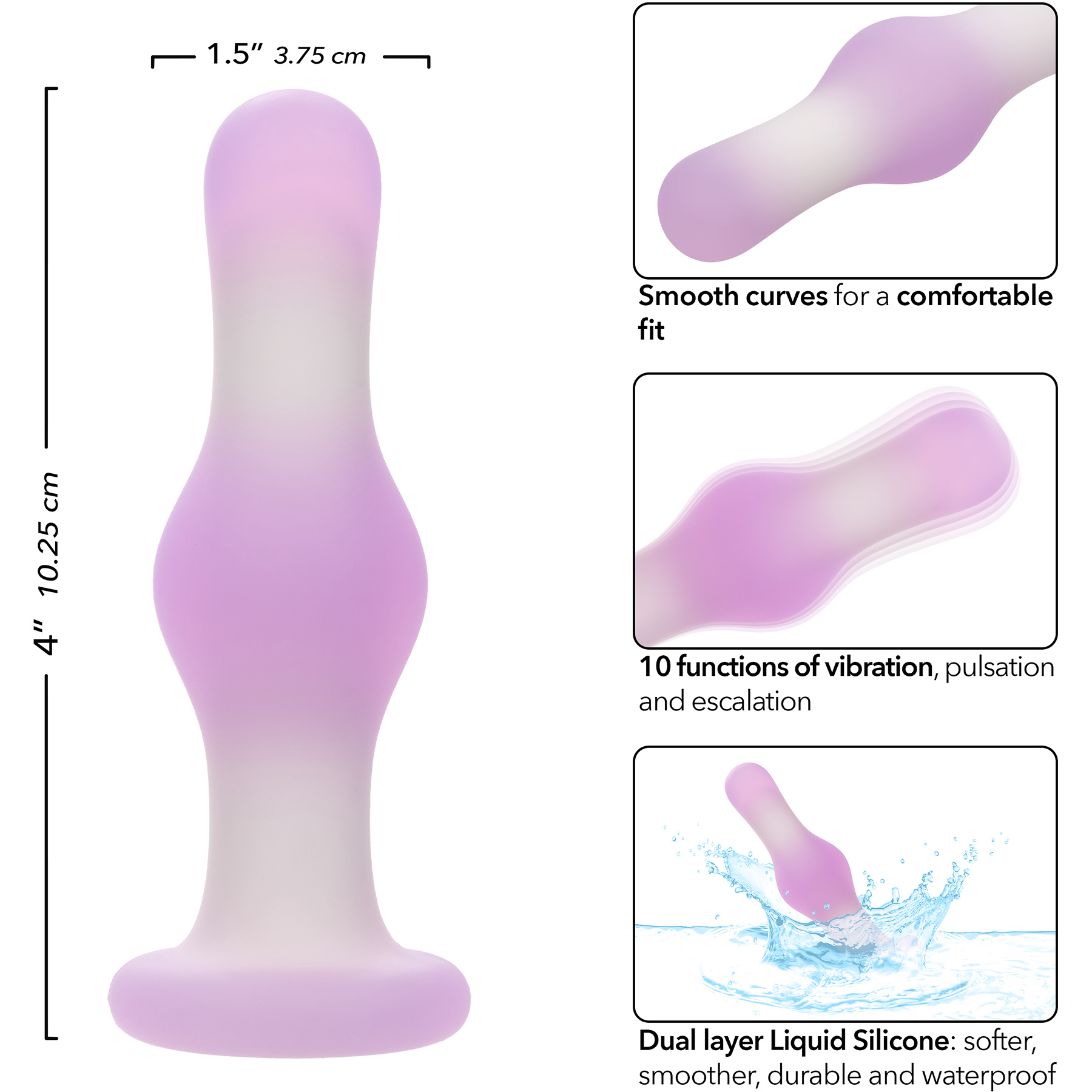 Lavender Haze Ridge Probe Rechargeable Waterproof Silicone Vibrating Butt Plug - Measurements