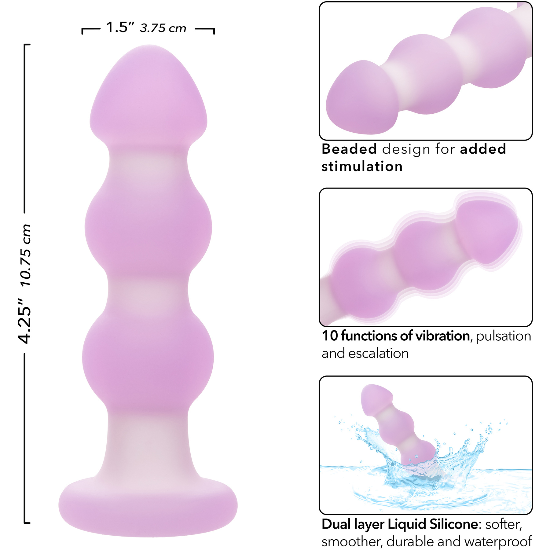 Lavender Haze Beaded Probe Rechargeable Waterproof Silicone Vibrating Butt Plug - Measurements