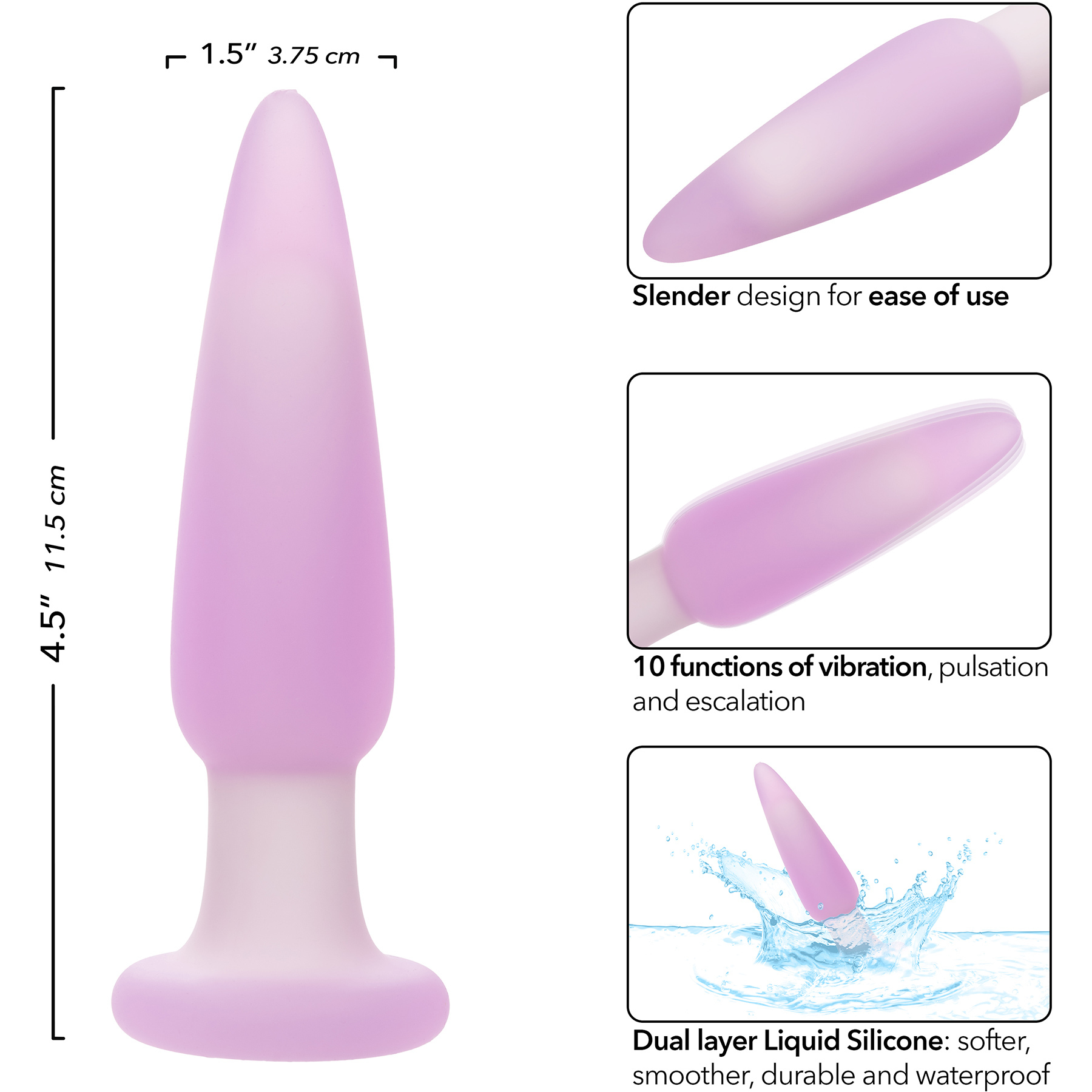 Lavender Haze Slender Probe Rechargeable Waterproof Silicone Vibrating Butt Plug - Measurements