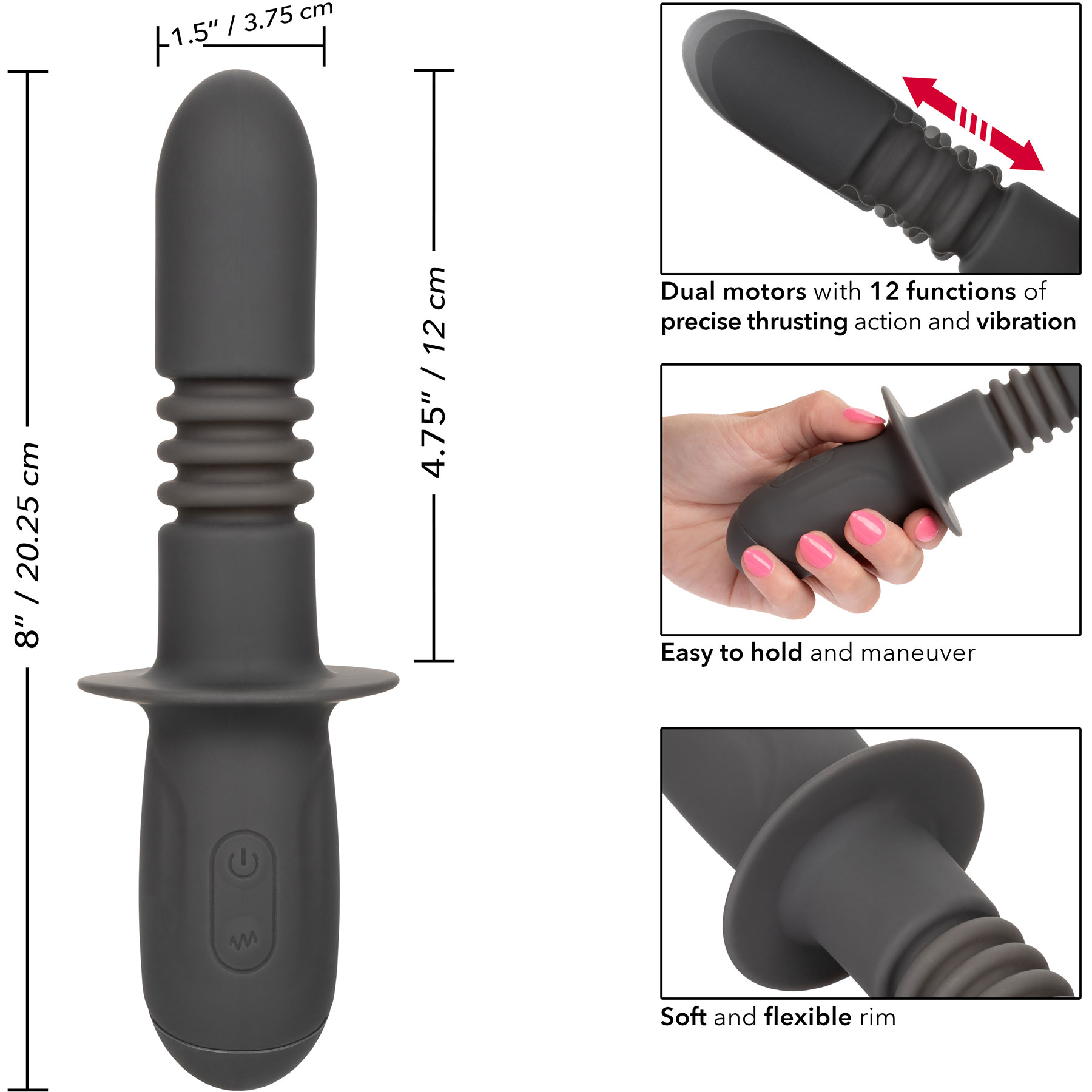 Ramrod Thrusting Rechargeable Waterproof Silicone Vibrating Probe - Measurements