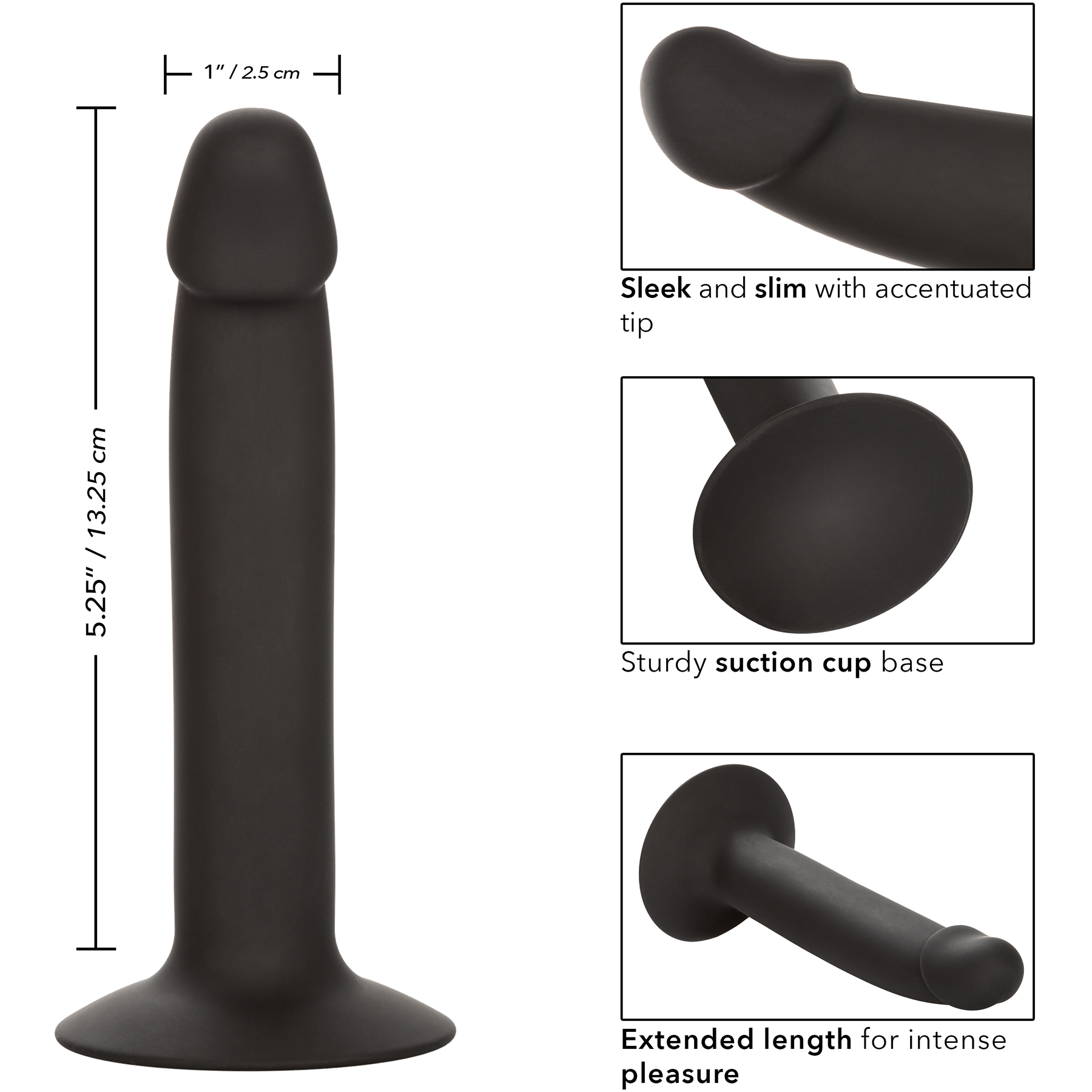 Silicone Slim Anal Stud Suction Cup Dildo By CalExotics - Measurements