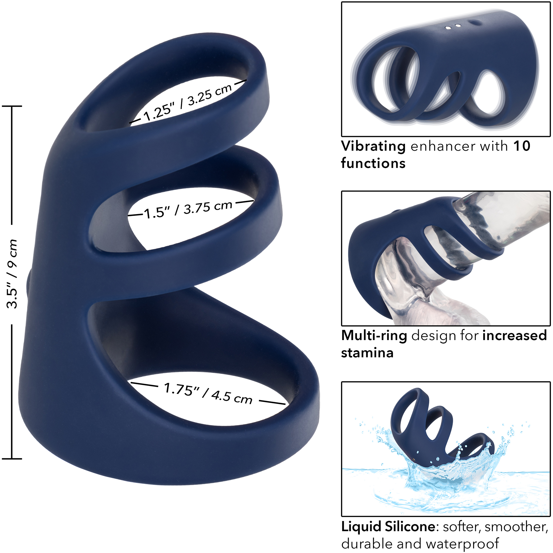 Viceroy Platinum Series Silicone Rechargeable Triple Cock Cage Vibrating Cock Ring By CalExotics - Measurements