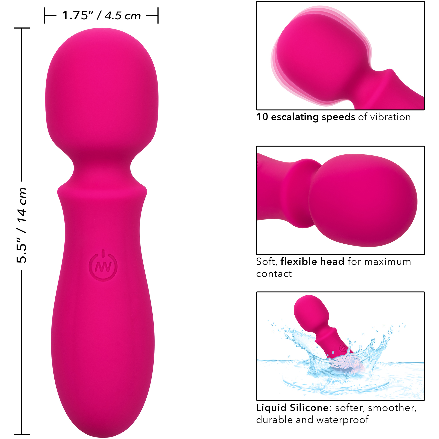 Bliss Liquid Silicone Mini Wand Rechargeable Waterproof Vibrator - Measurements