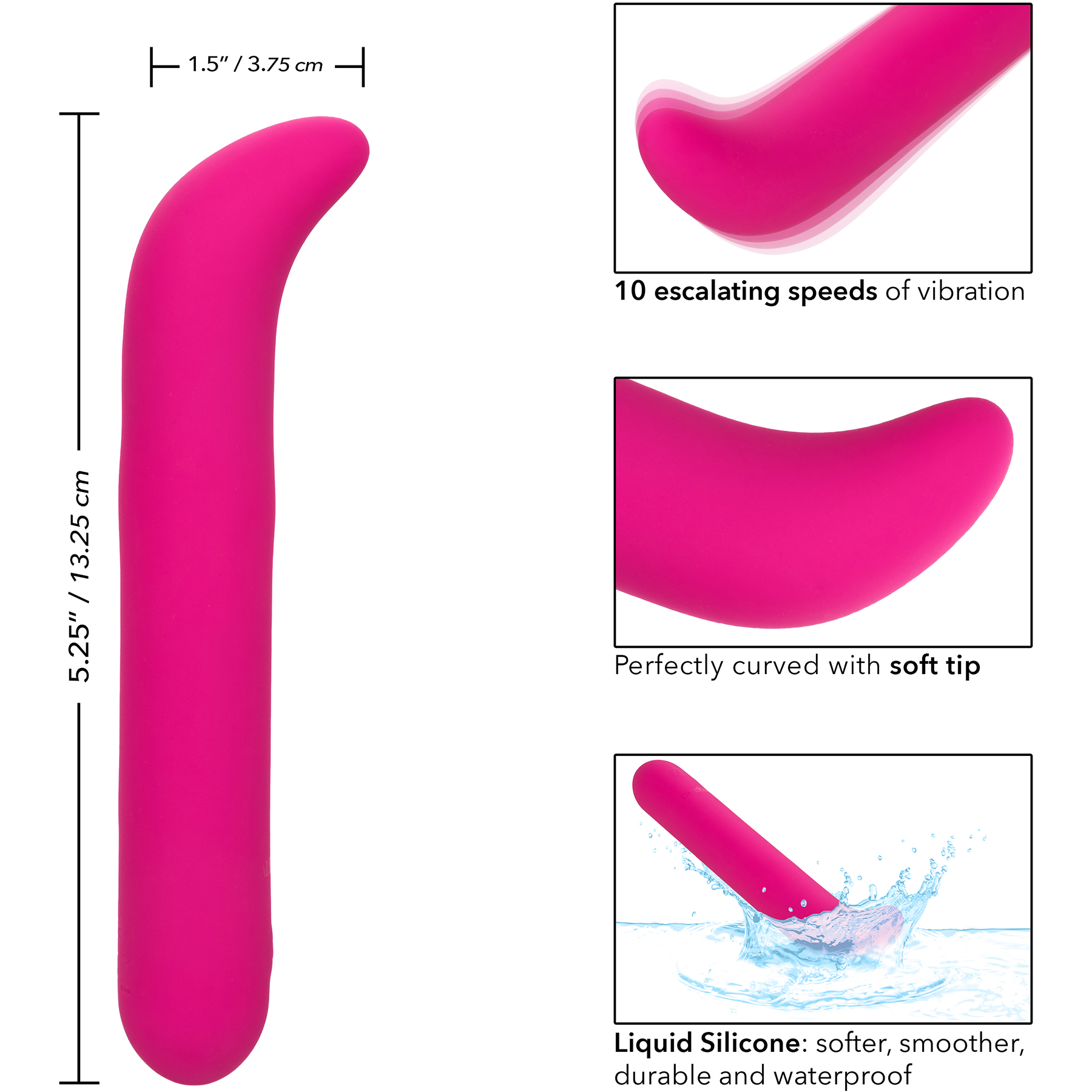 Bliss Liquid G Vibe Silicone Rechargeable Waterproof G-Spot Vibrator - Measurements