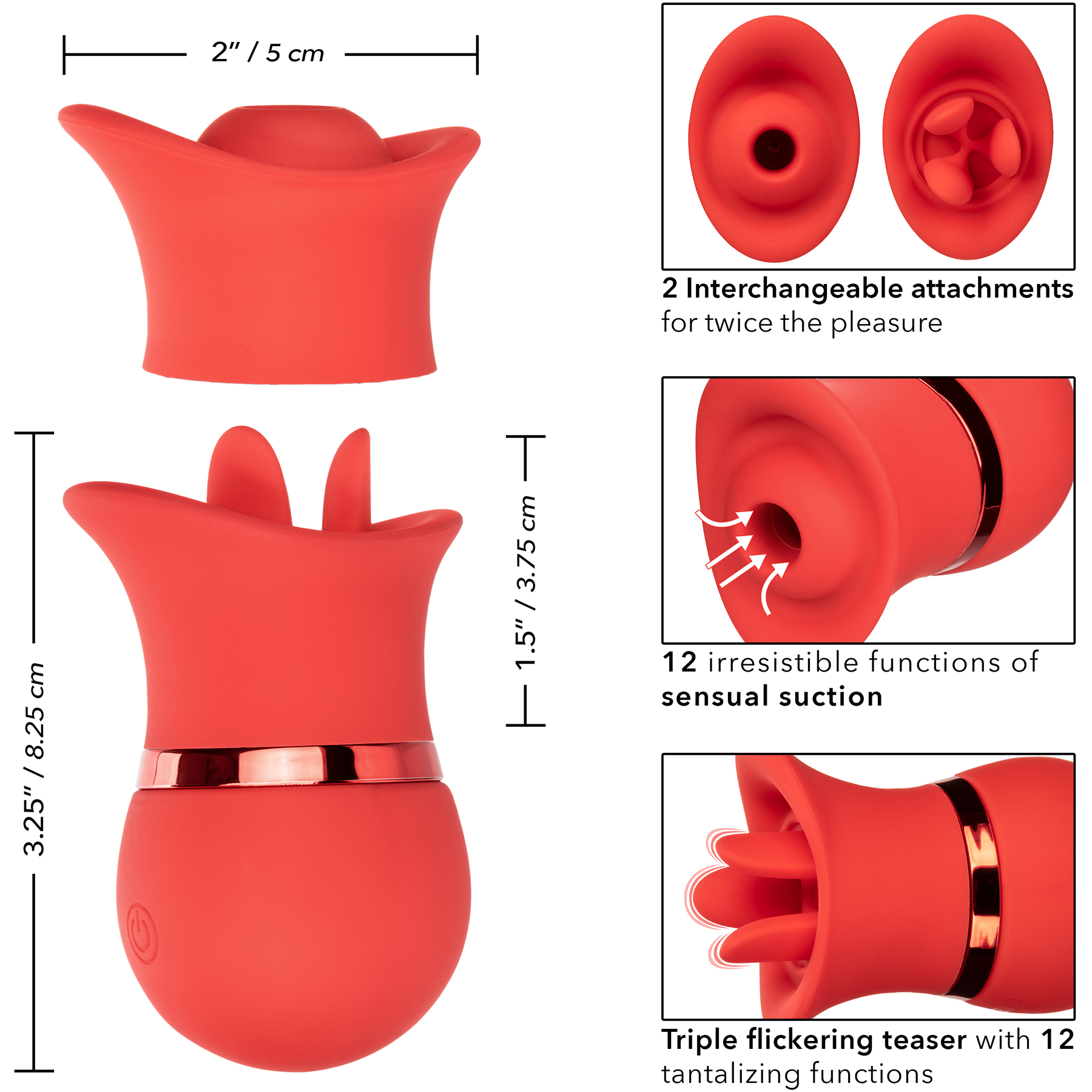 French Kiss Suck & Play Rechargeable Waterproof Silicone Interchangeable Set - Measurements