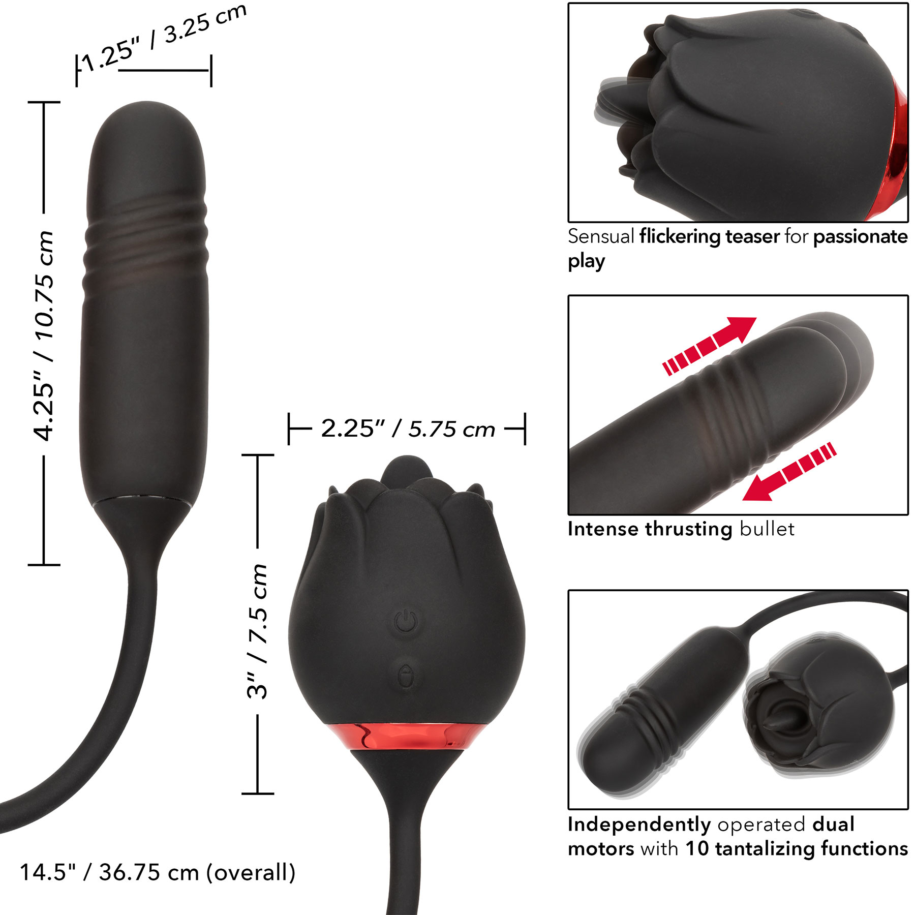 French Kiss Elite Romeo Silicone Thrusting Bullet Vibrator & Flickering Tongue Clitoral Stimulator - Measurements