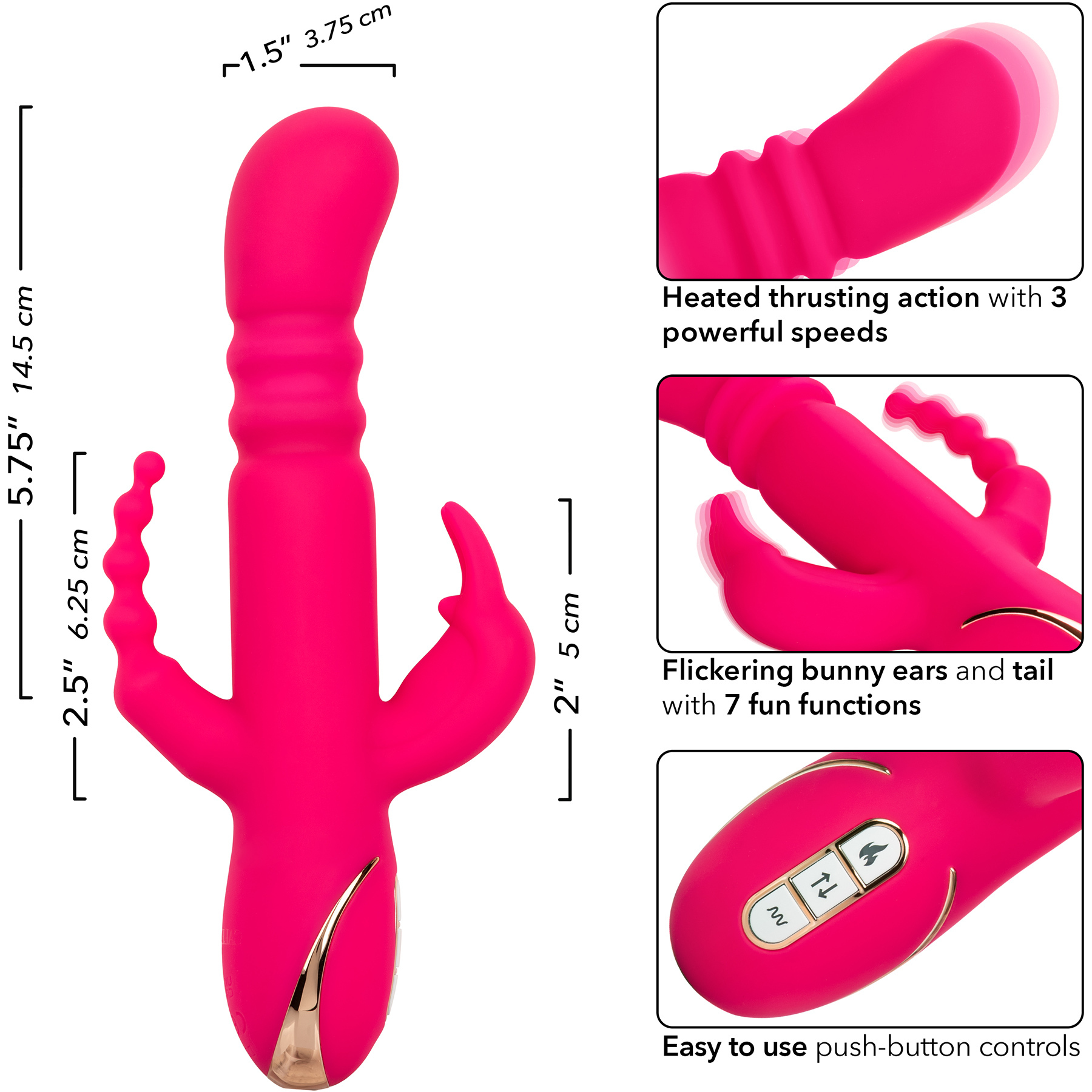 Jack Rabbit Signature Heated Silicone Triple Fantasy Rabbit Thrusting Vibrator - Measurements