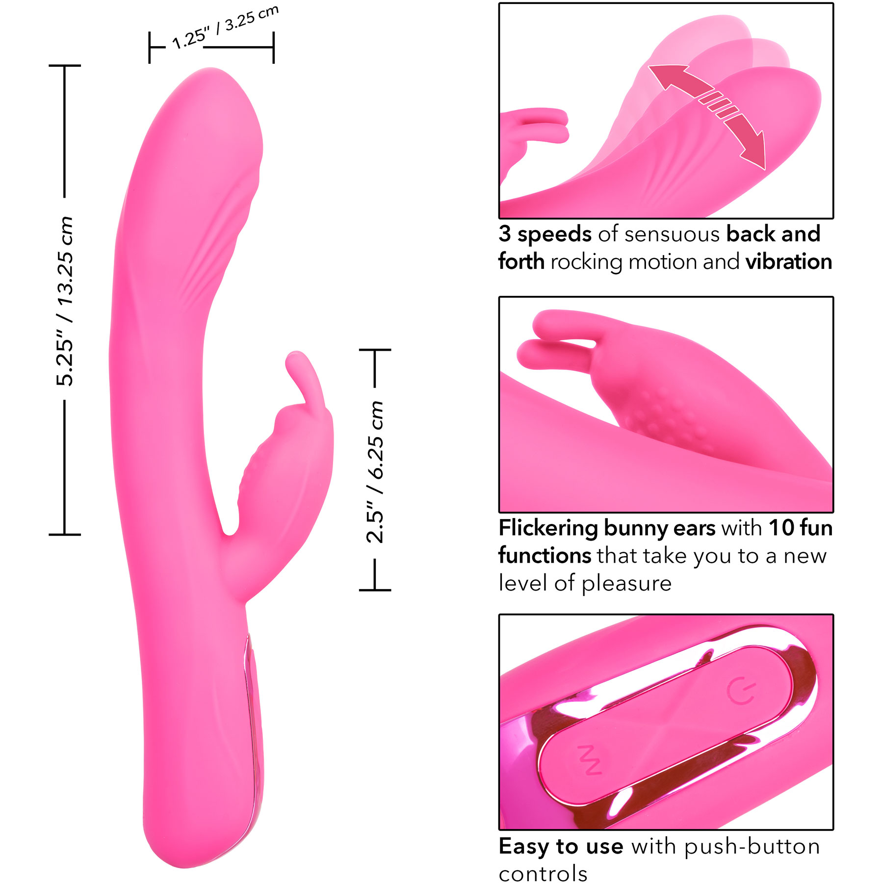 Jack Rabbit Elite Rocking Rabbit Silicone Rechargeable Dual Stimulation Vibrator By CalExotics - Measurements