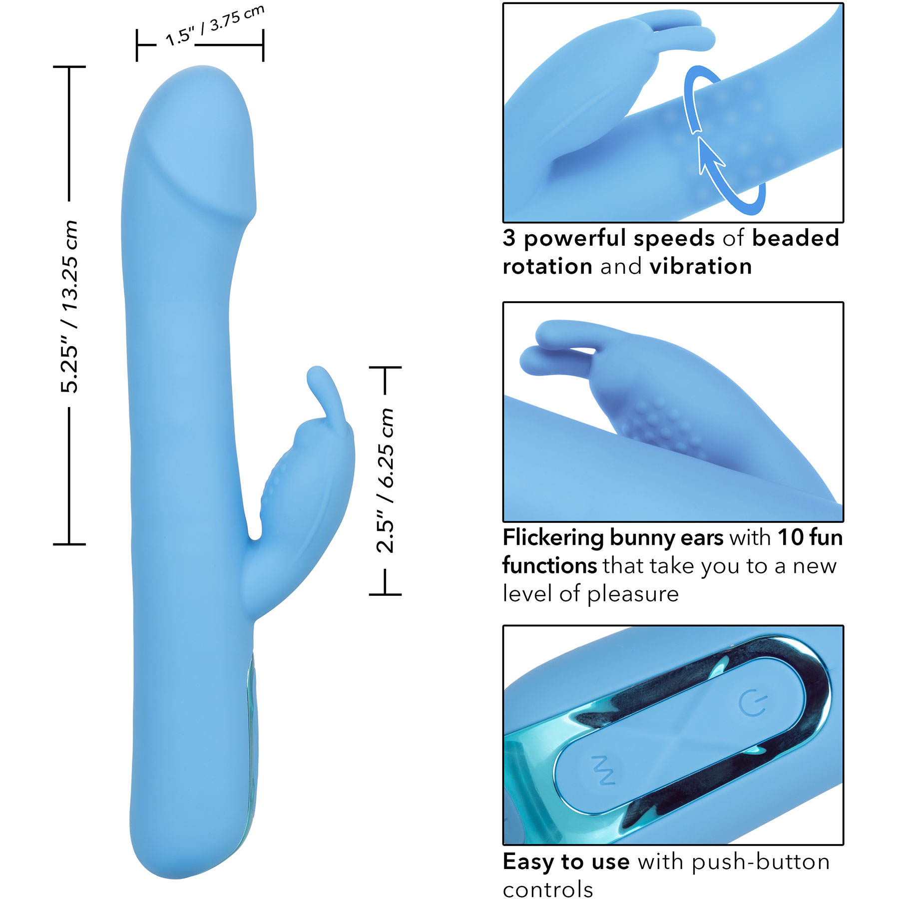 Jack Rabbit Elite Rotating Rabbit Silicone Rechargeable Dual Stimulation Vibrator By CalExotics - Measurements