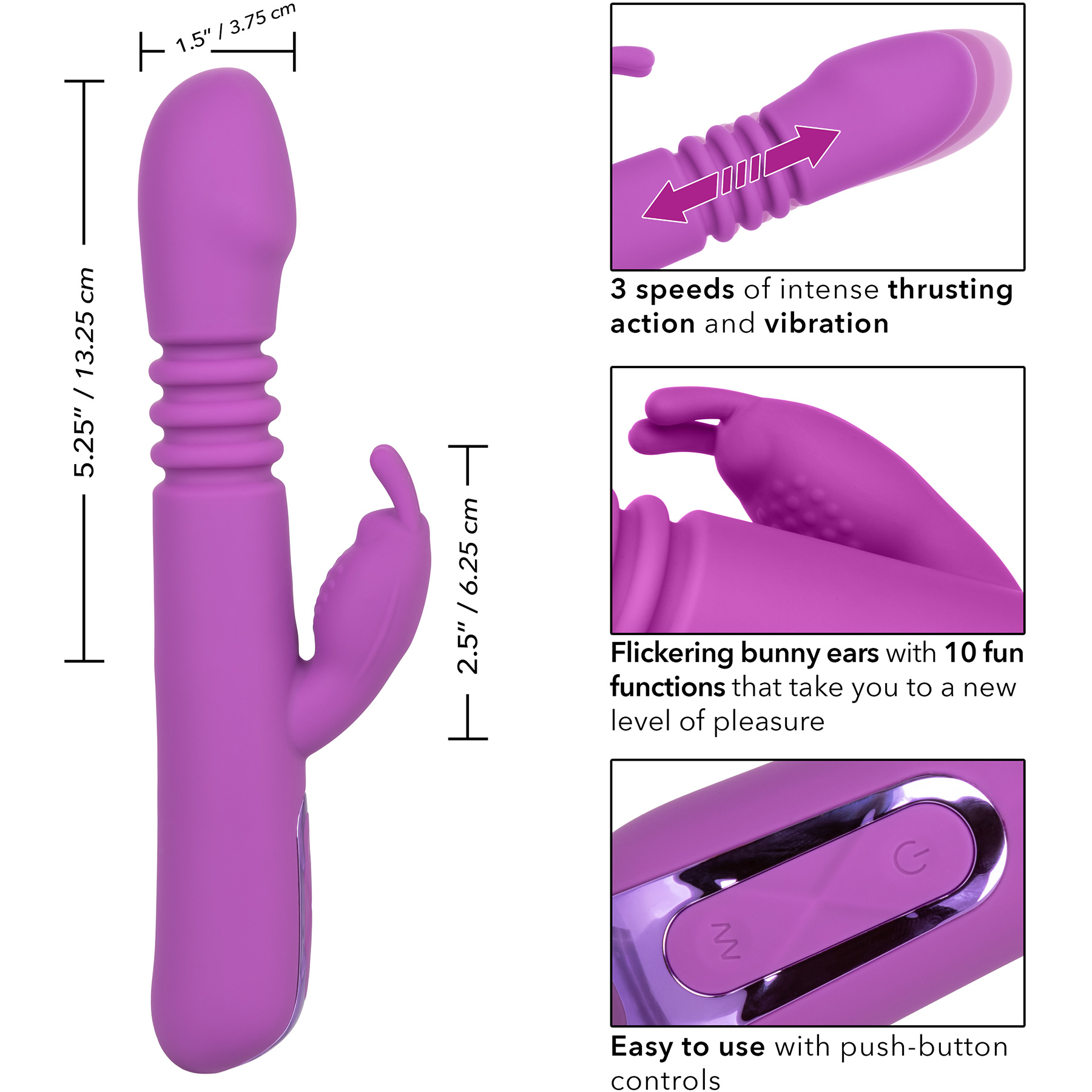 Jack Rabbit Elite Thrusting Rabbit Silicone Rechargeable Dual Stimulation Vibrator By CalExotics - Measurements