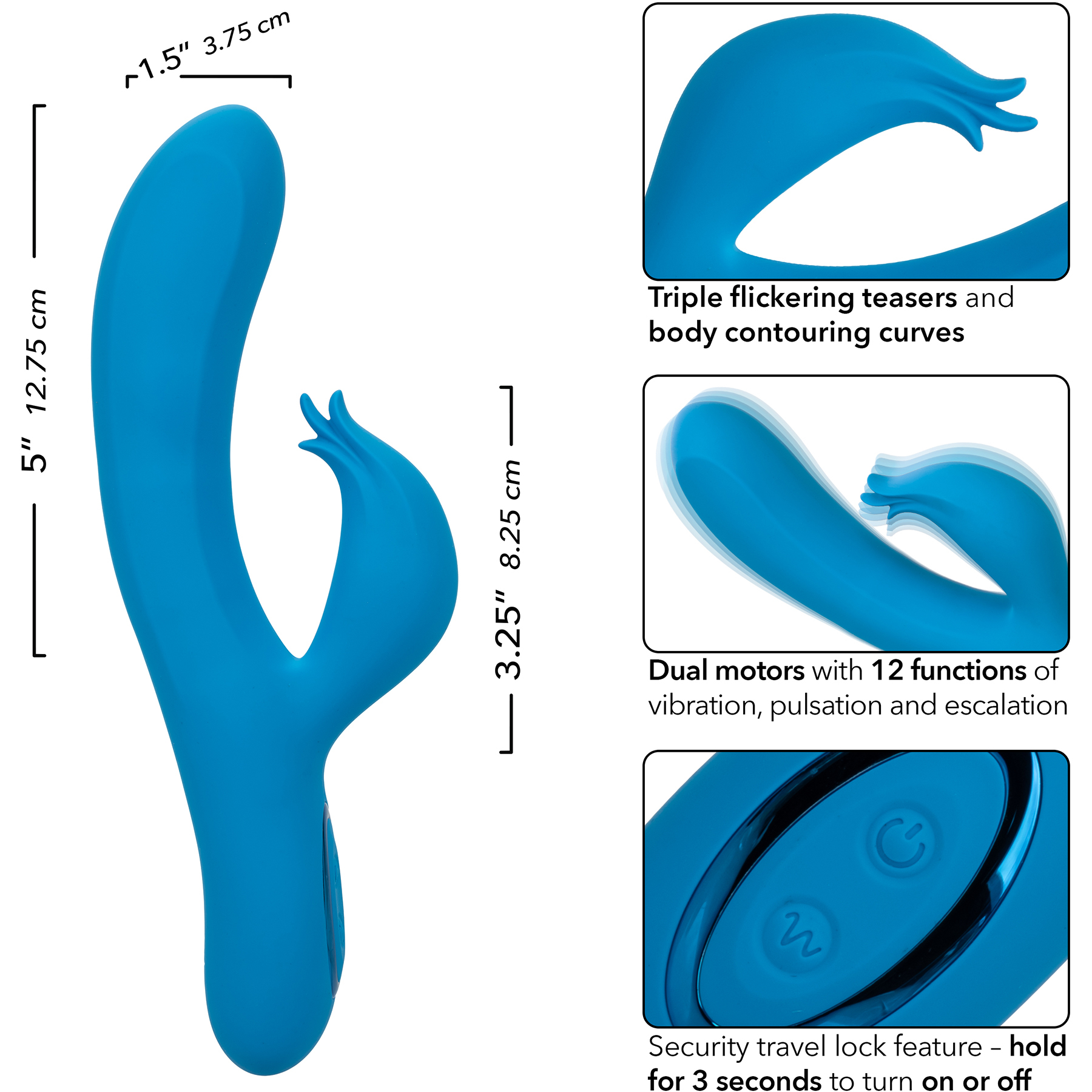 Azure Collection Flutter G Rechargeable Waterproof Silicone Rabbit Vibrator - Measurements