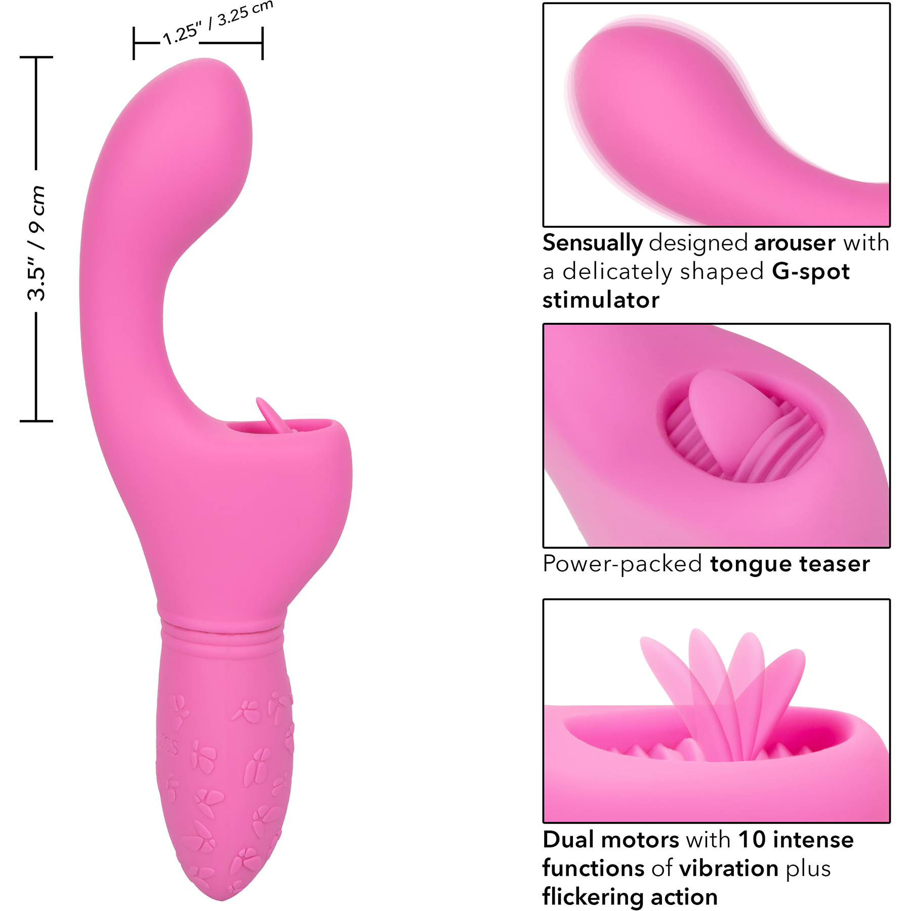 Rechargeable Butterfly Kiss Silicone Flicker Dual Stimulation Vibrator By CalExotics - Measurements