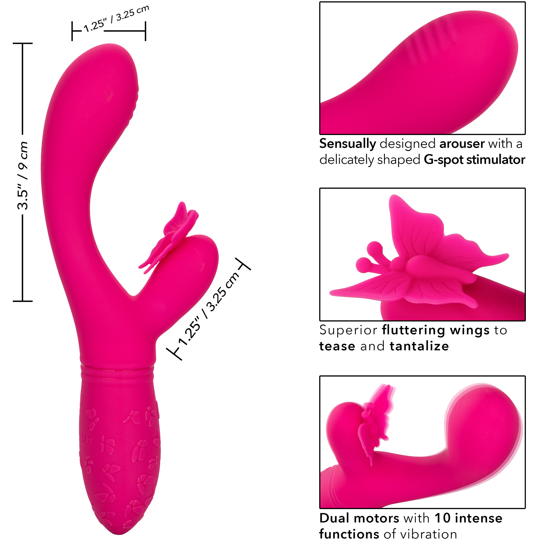 Rechargeable Butterfly Kiss Silicone Flutter Dual Stimulation Vibrator - Measurements