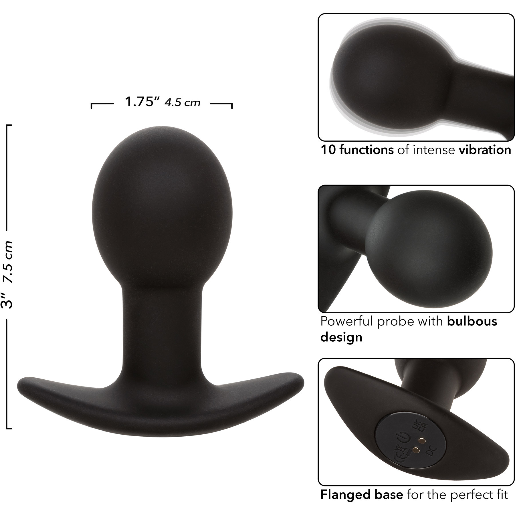 Rock Bottom Pop Probe Rechargeable Waterproof Silicone Vibrating Butt Plug - Measurements