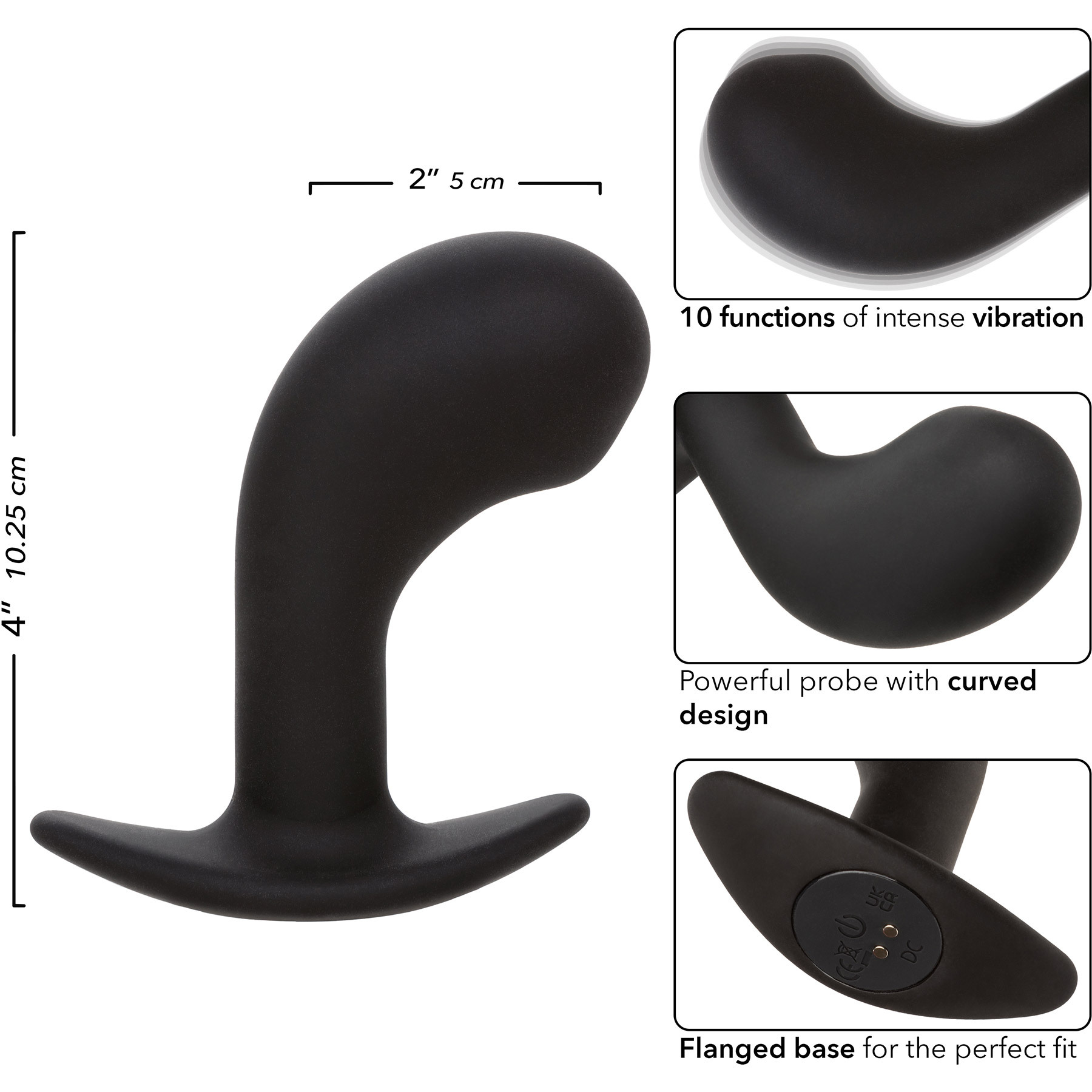 Rock Bottom Curved Probe Rechargeable Waterproof Silicone Vibrating Prostate Massager - Measurements
