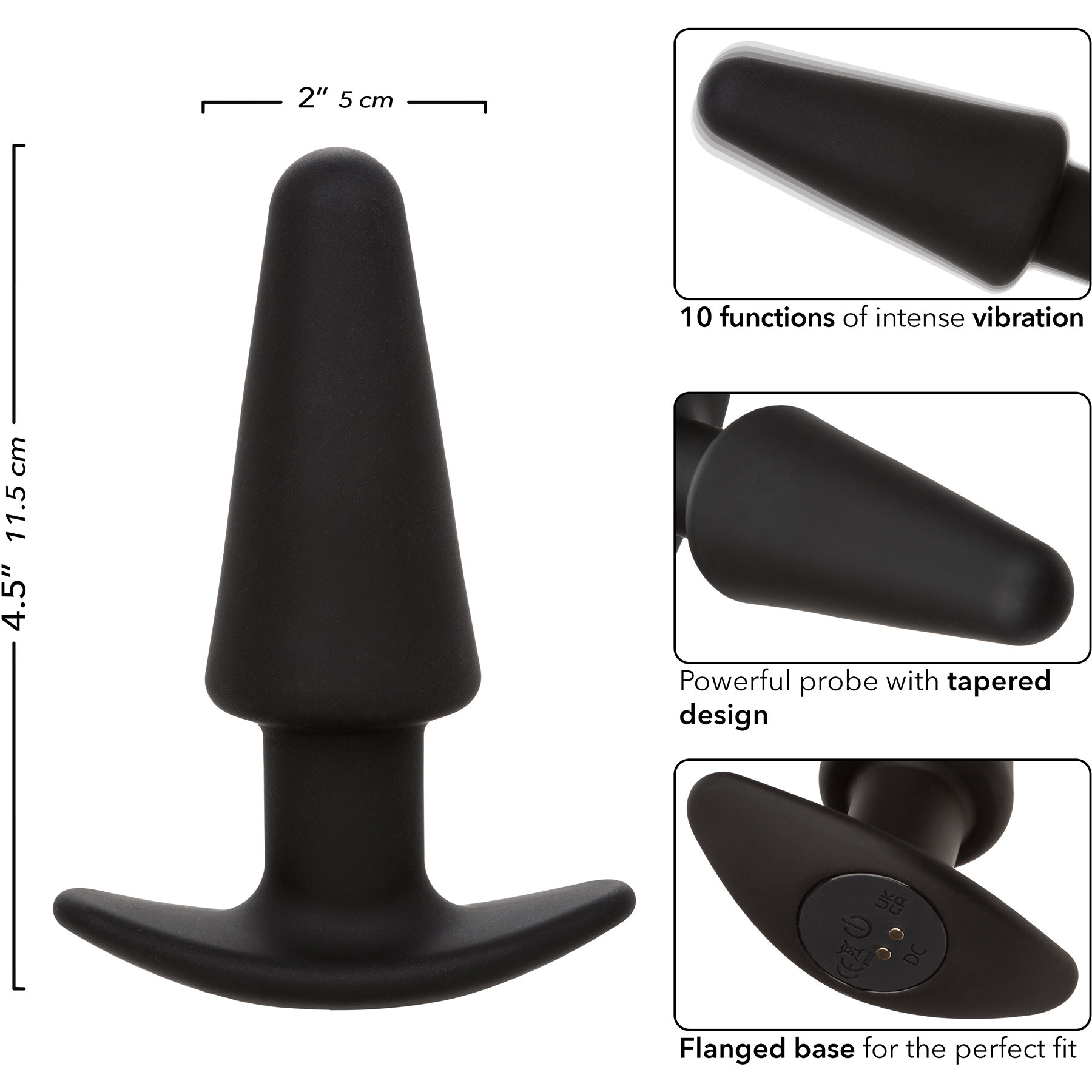 Rock Bottom Tapered Probe Rechargeable Waterproof Silicone Vibrating Butt Plug - Measurements