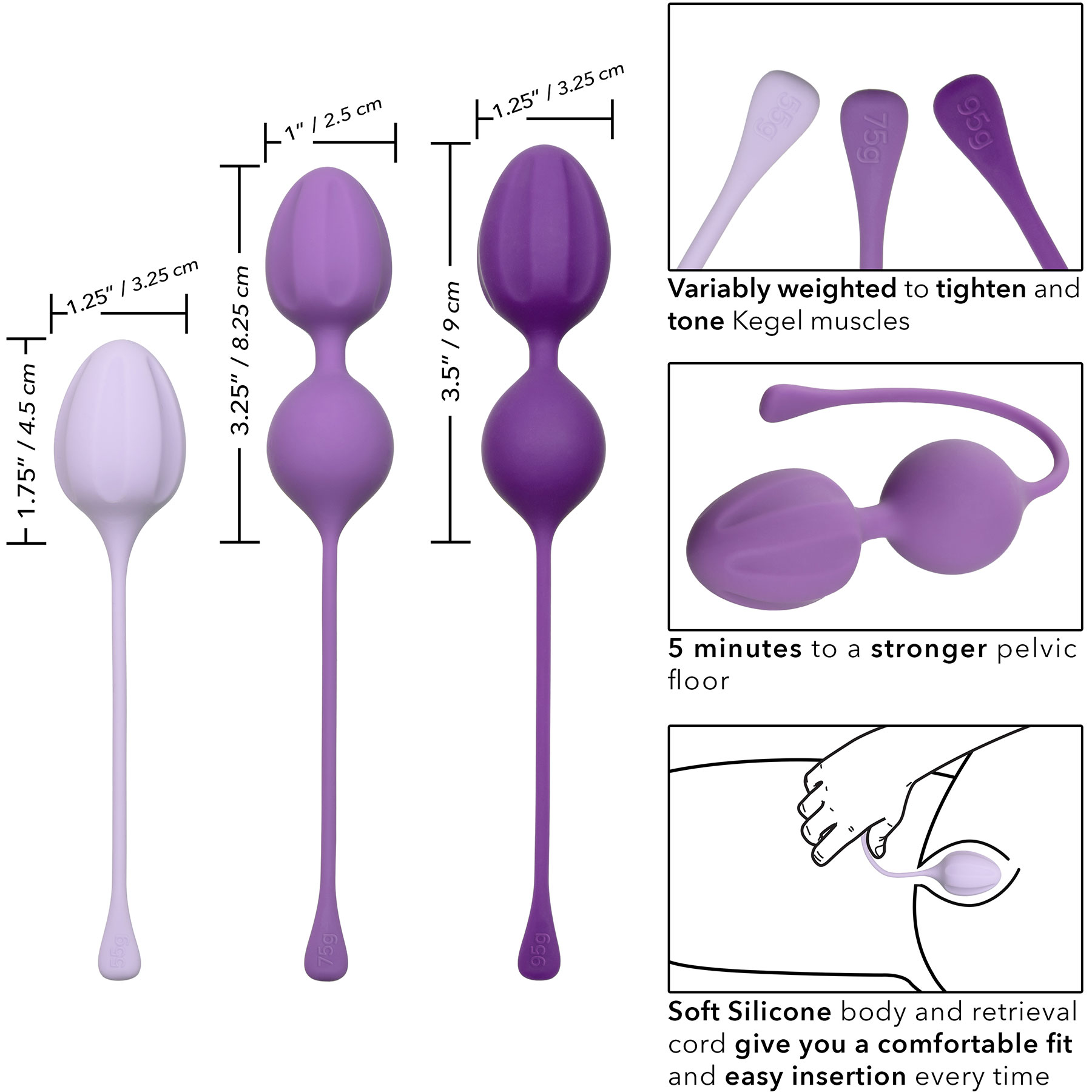 Kegel Training 3-Piece Silicone Set By CalExotics - Measurements