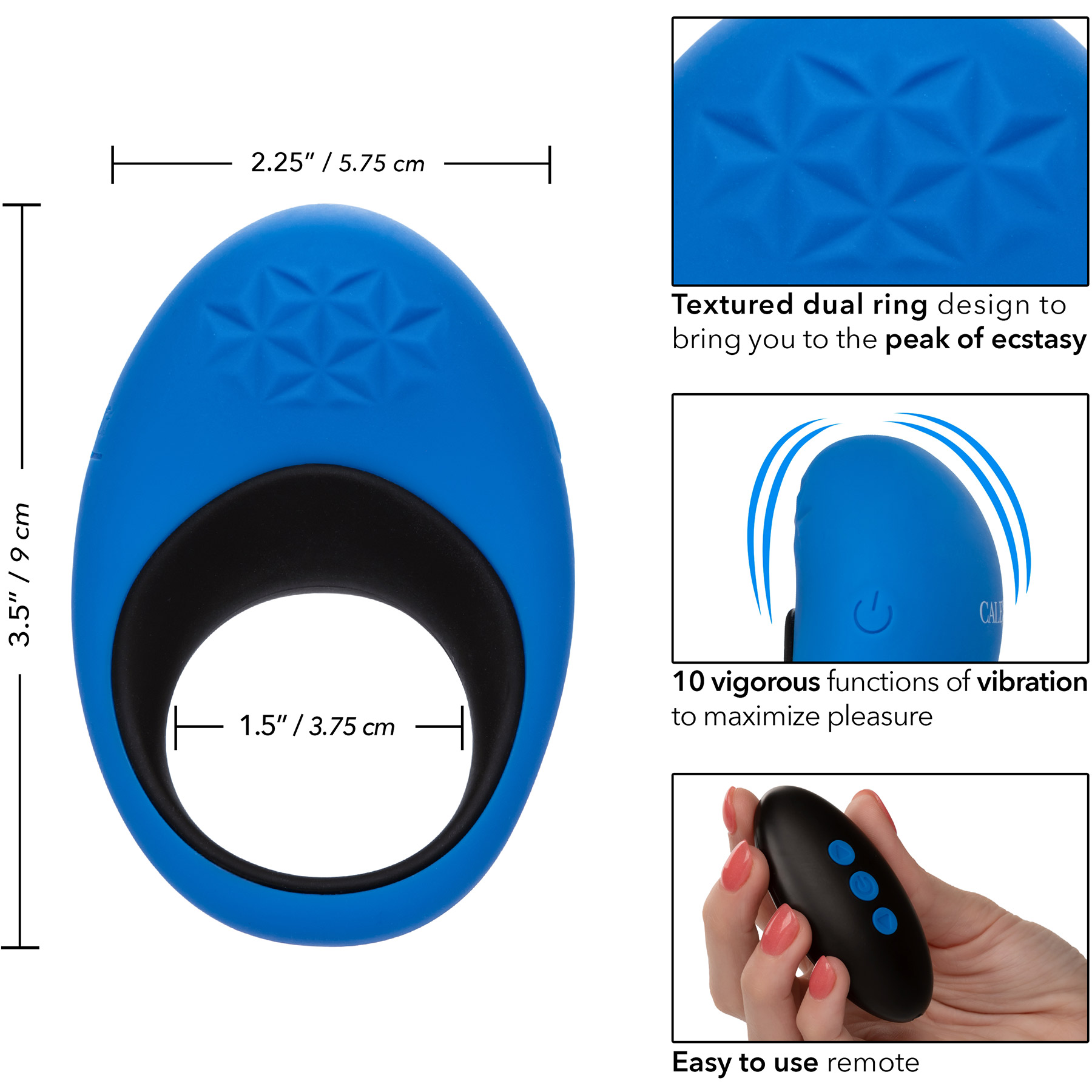 Link Up Remote Max Silicone Rechargeable Vibrating Cock Ring With Remote By CalExotics - Measurements