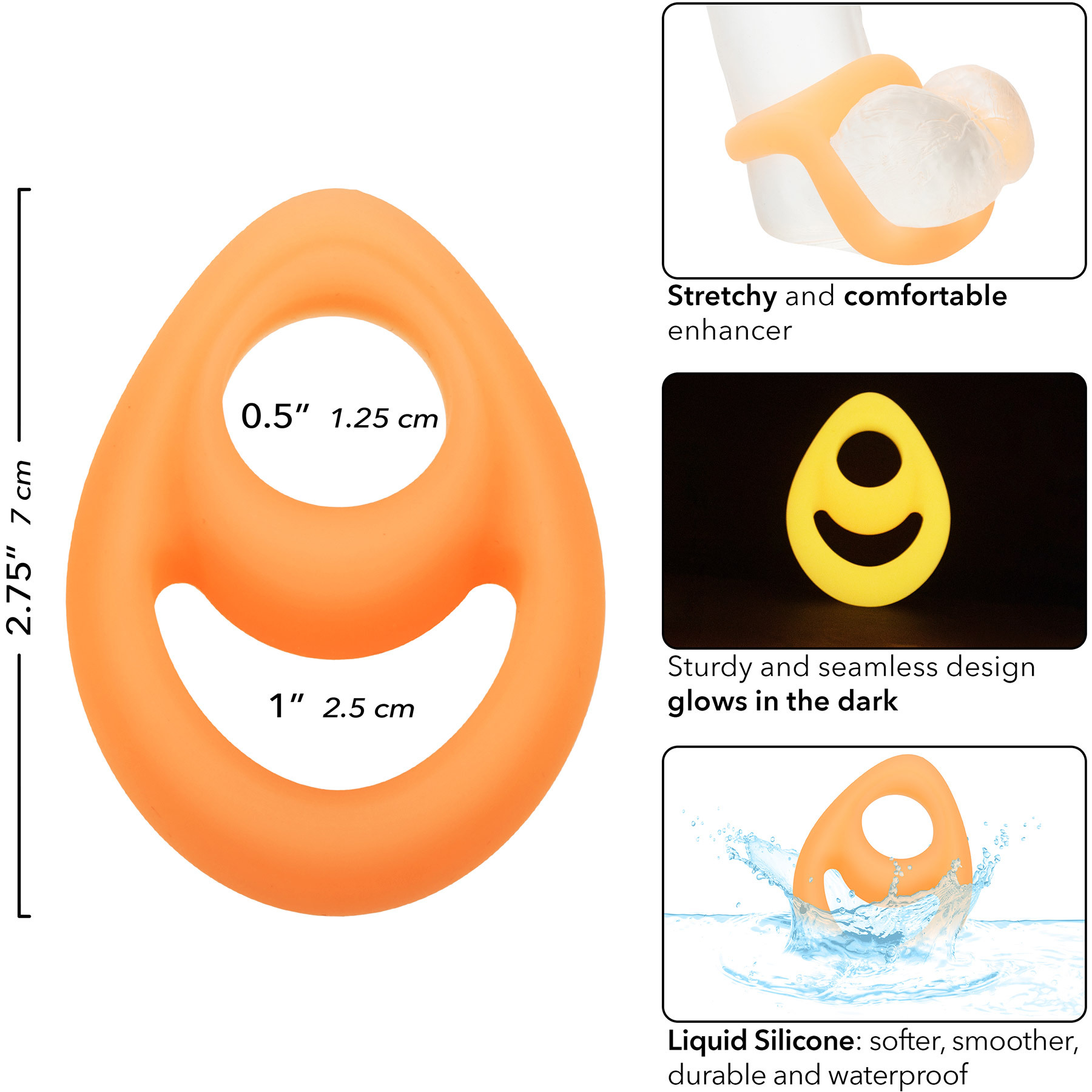 Alpha Glow In The Dark Liquid Silicone Teardrop Dual Cock Ring - Measurements