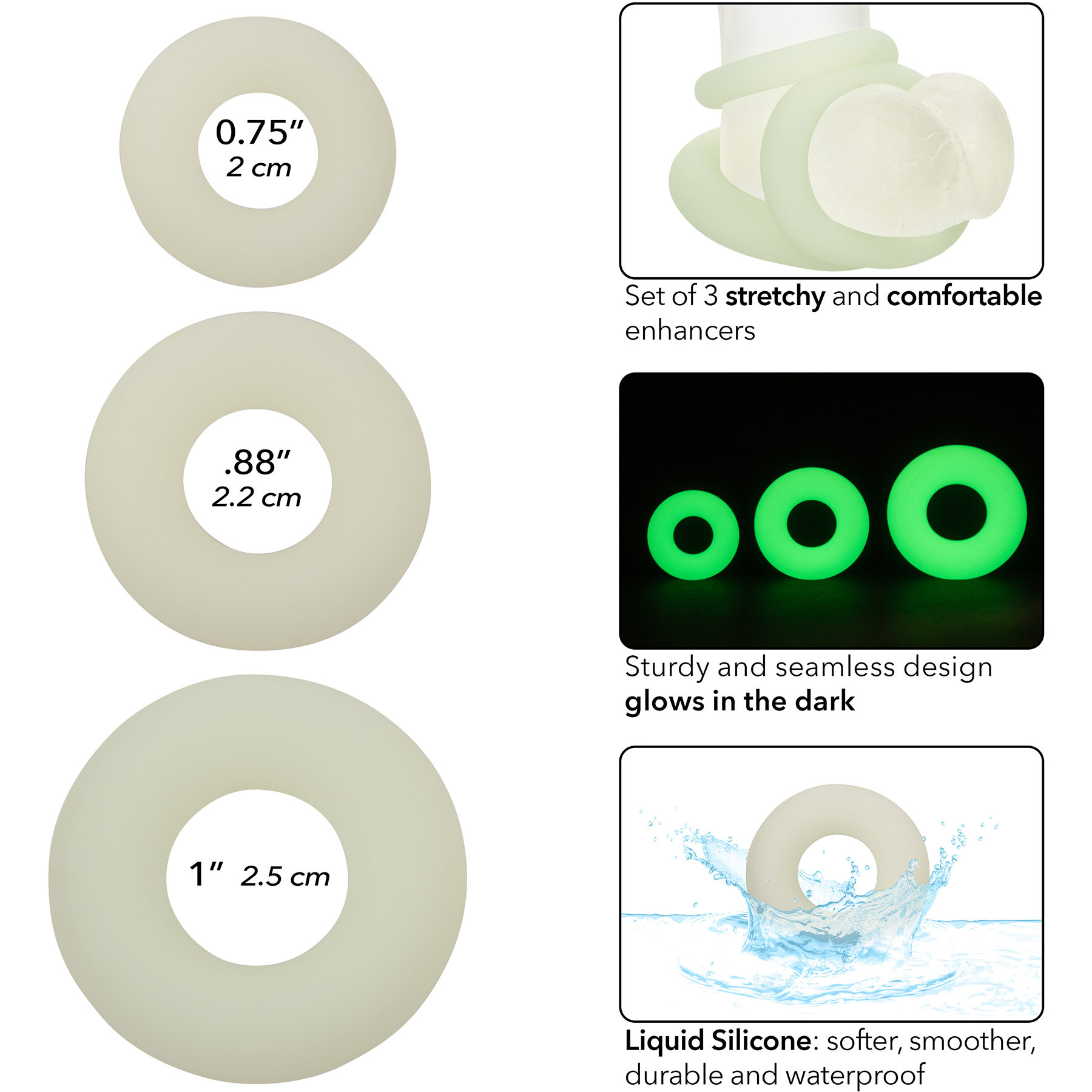 Alpha Glow In The Dark Liquid Silicone 3 Piece Cock Ring Set - Measurements