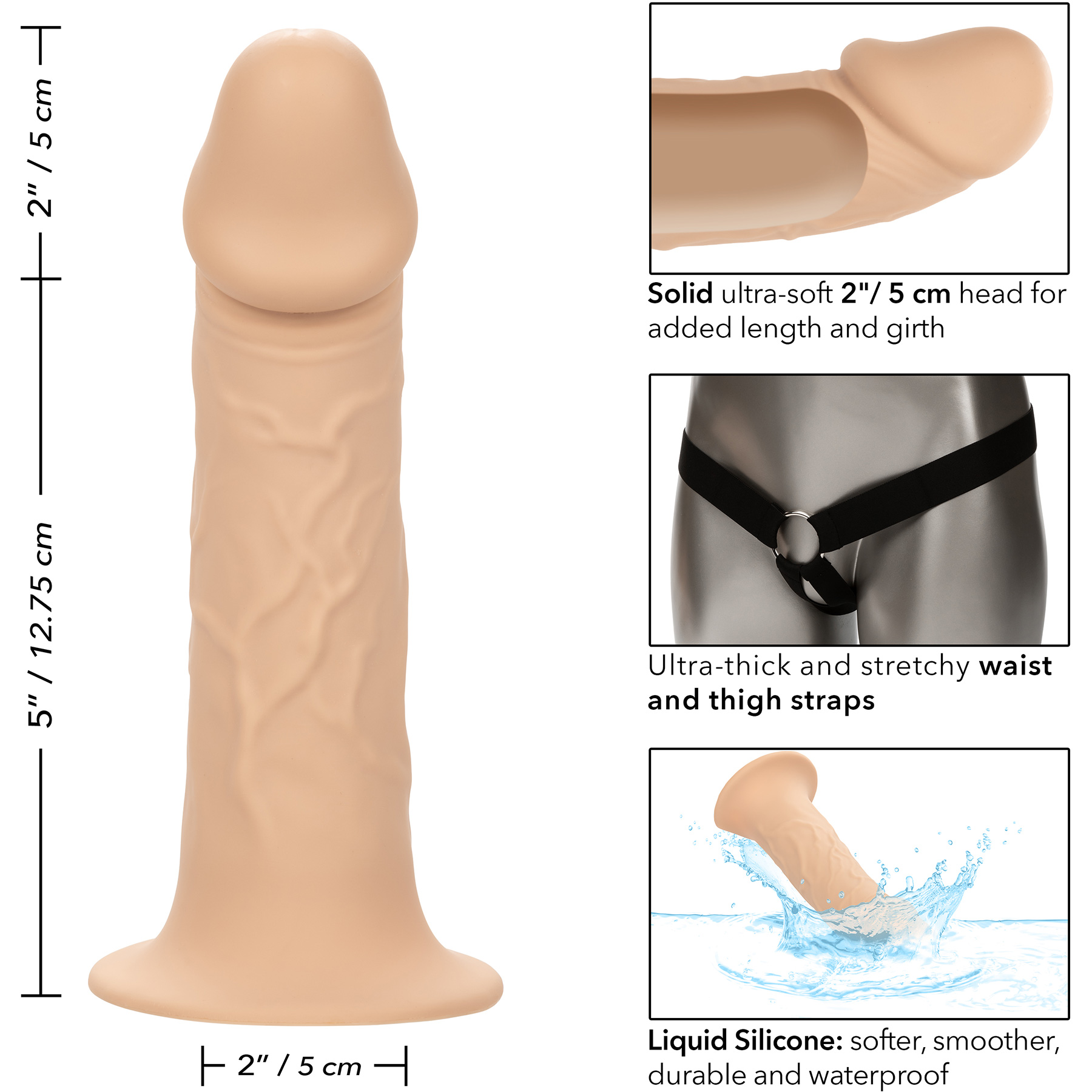 Performance Maxx Life-Like Silicone Penis Extension With Harness By CalExotics - Measurements