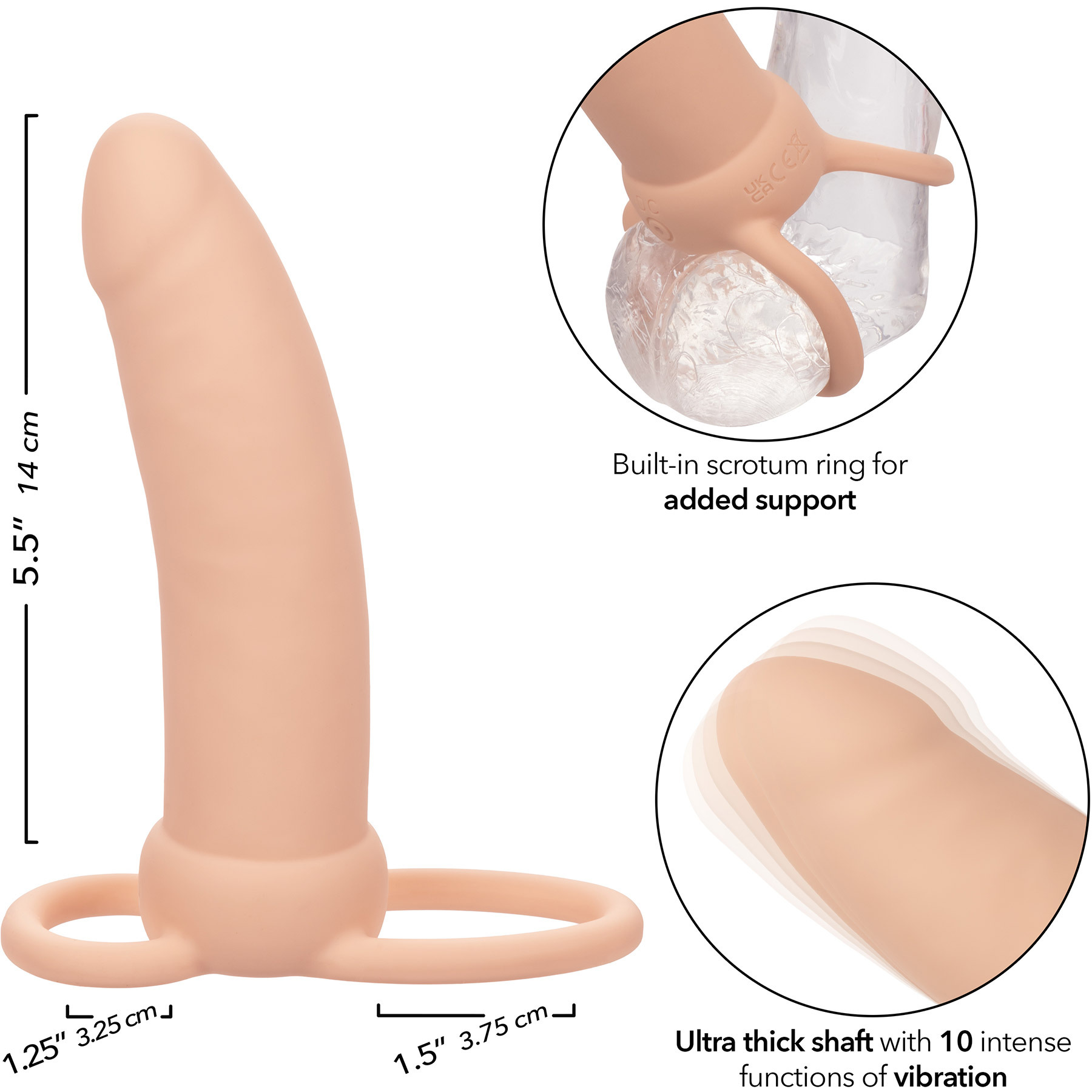 Performance Maxx Rechargeable Thick Waterproof Vibrating 5.5" Silicone Dual Penetrator - Measurements