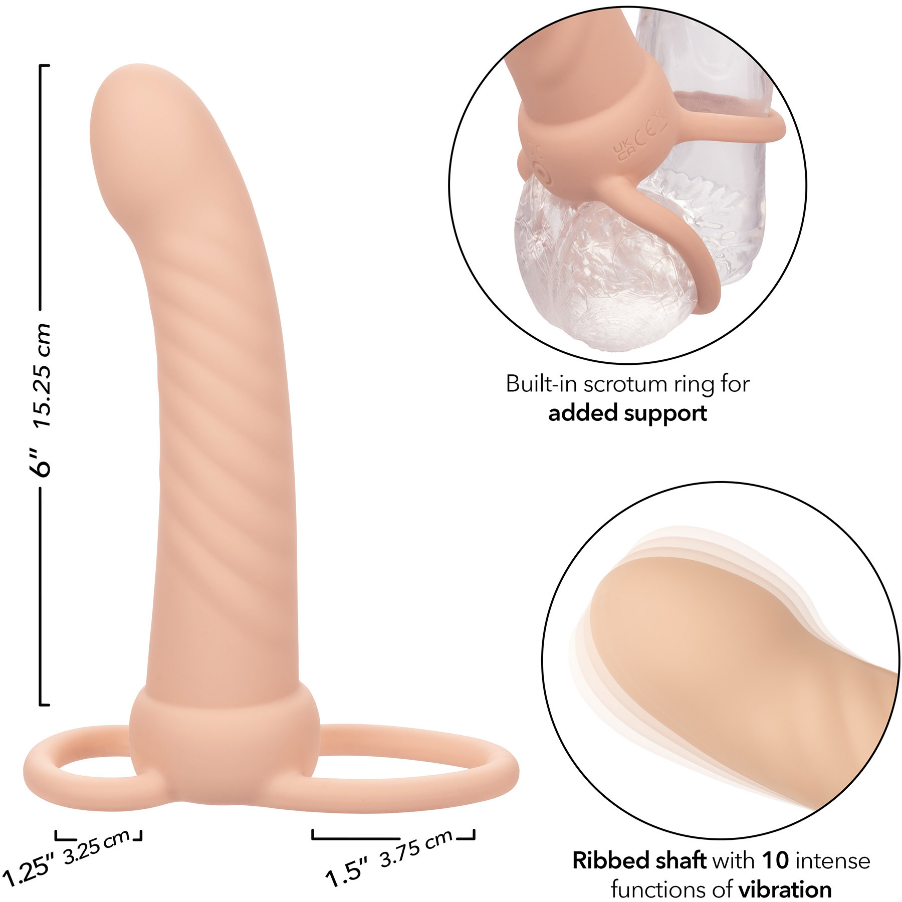 Performance Maxx Rechargeable Ribbed Waterproof Vibrating 6" Silicone Dual Penetrator - Measurements