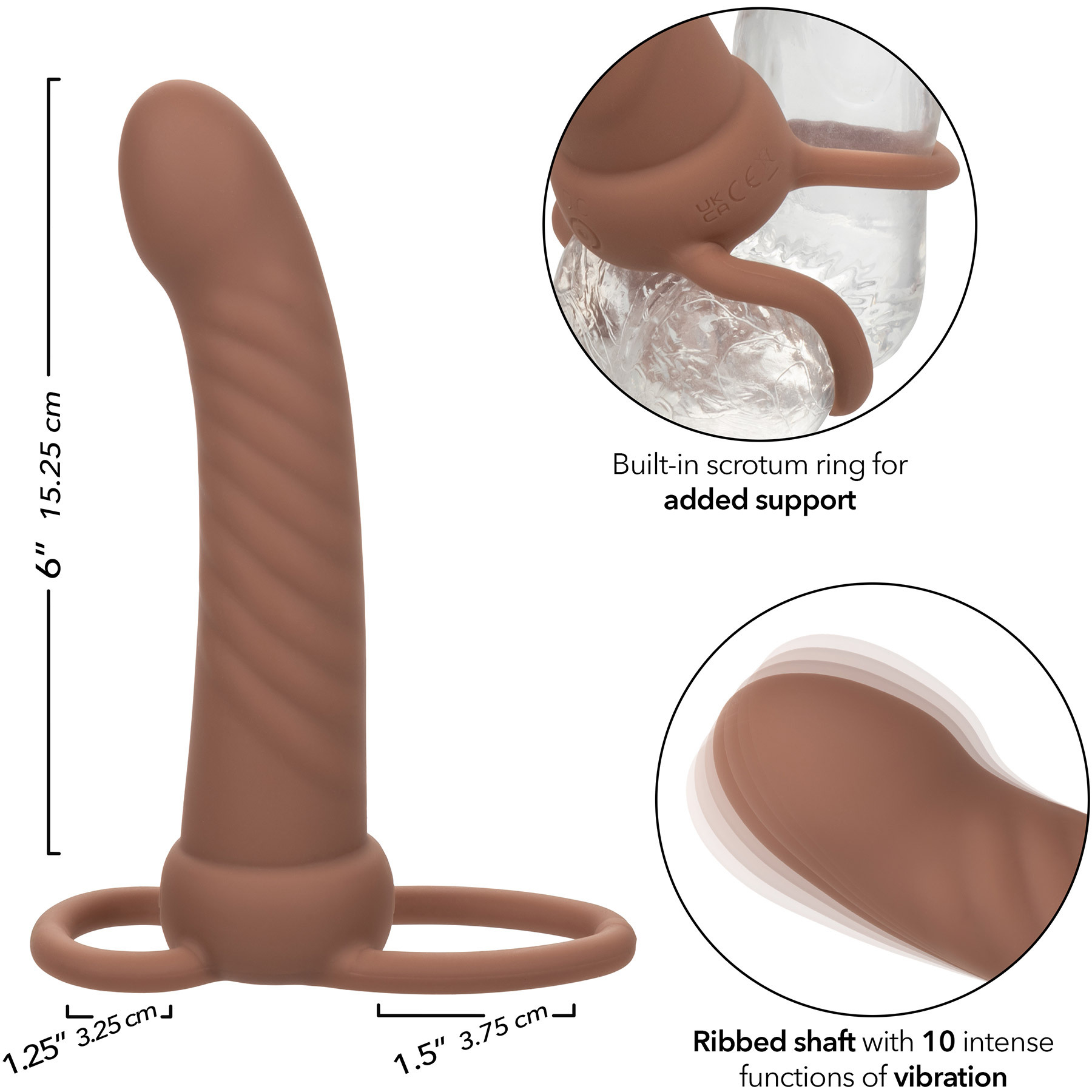 Performance Maxx Rechargeable Ribbed Waterproof Vibrating 6" Silicone Dual Penetrator - Measurements