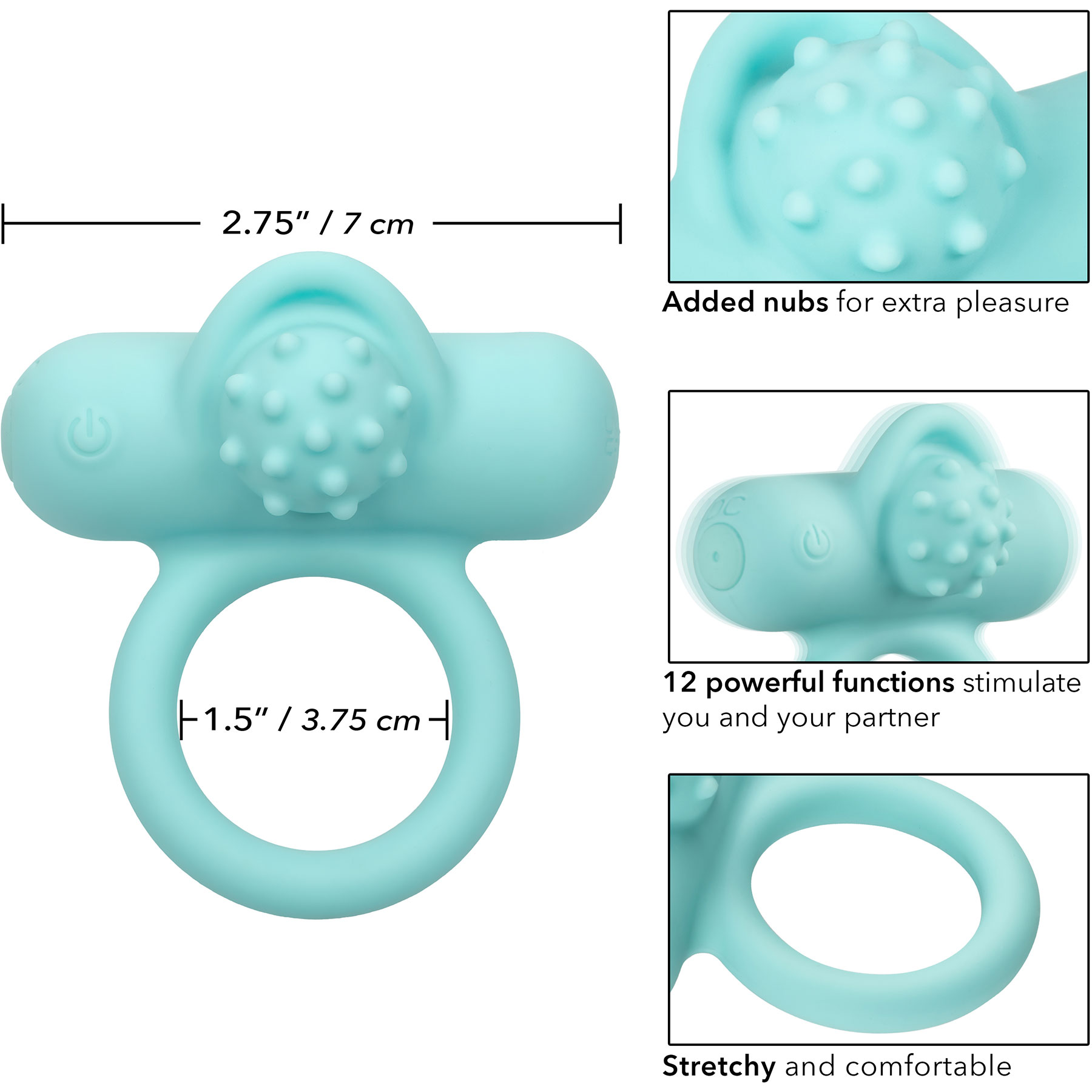 Silicone Rechargeable Nubby Lover's Delight Vibrating Cock Ring - Measurements