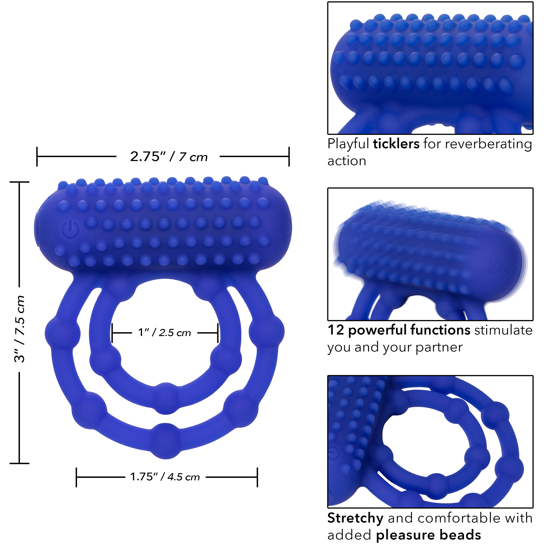 Silicone Rechargeable 10 Bead Maximus Vibrating Cock Ring By CalExotics - Measurements