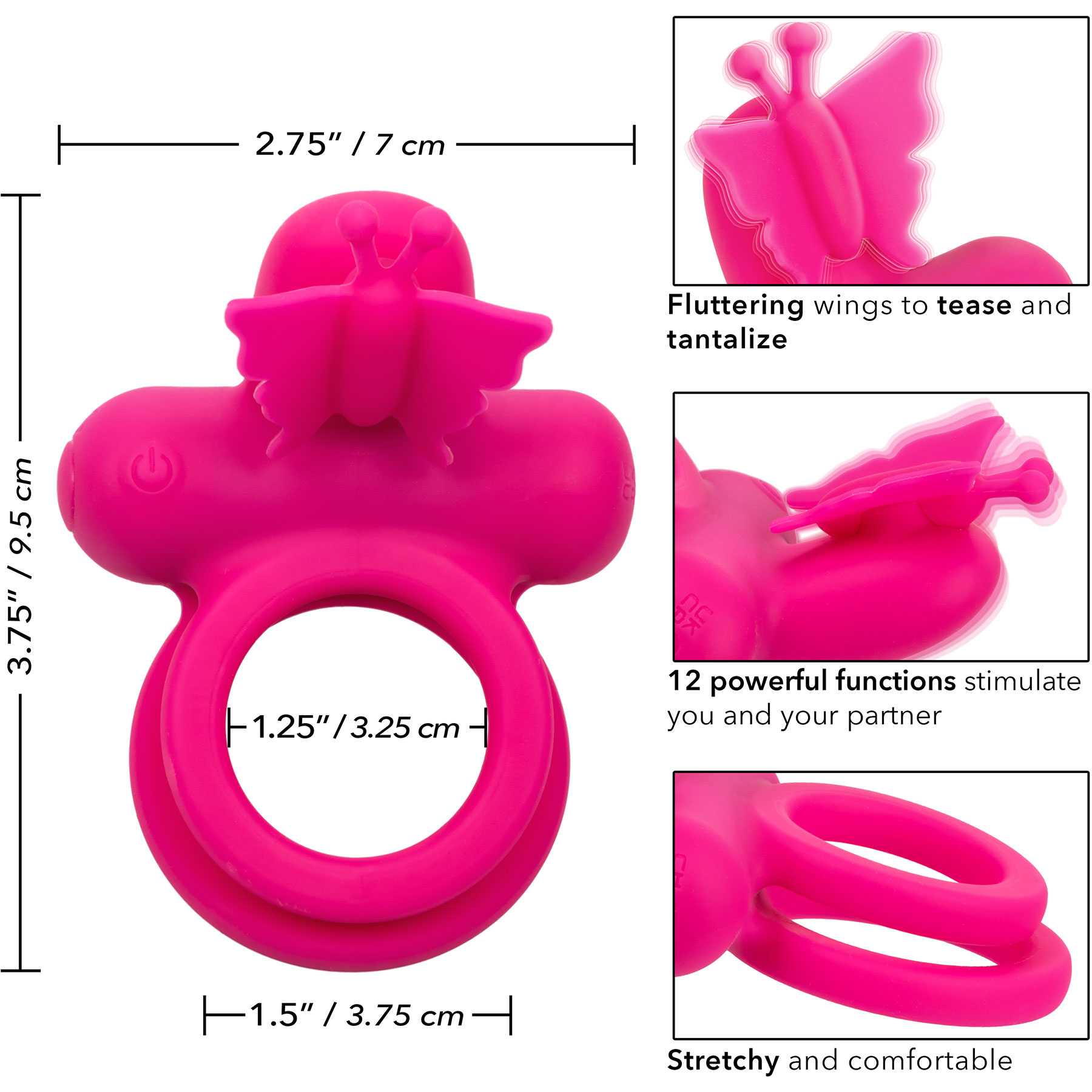 Silicone Rechargeable Dual Butterfly Couples Vibrating Cock Ring - Measurements