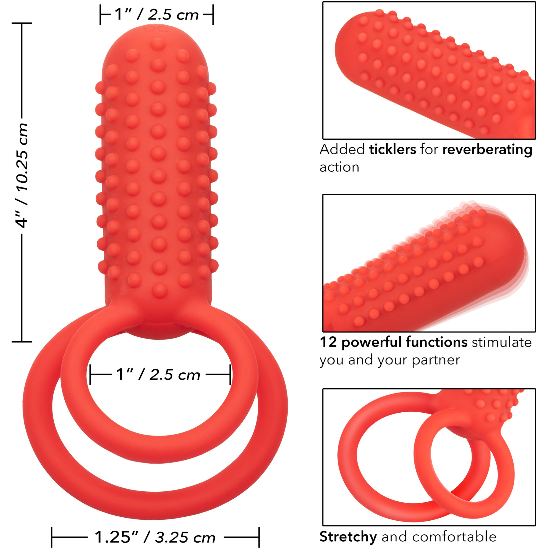 Silicone Rechargeable Vertical Dual Enhancer Vibrating Cock Ring - Measurements