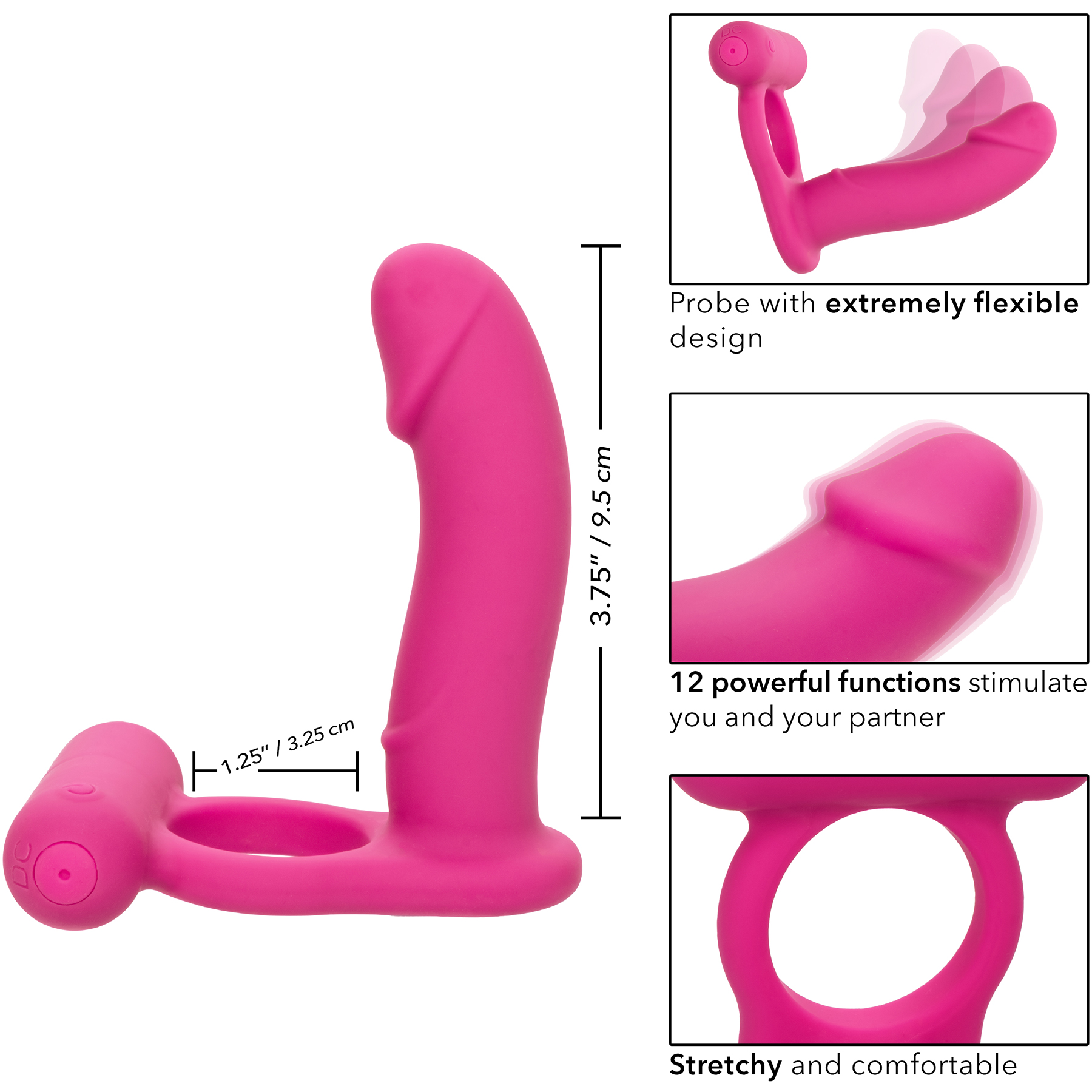 Silicone Rechargeable Double Diver Vibrating Cock Ring - Measurements