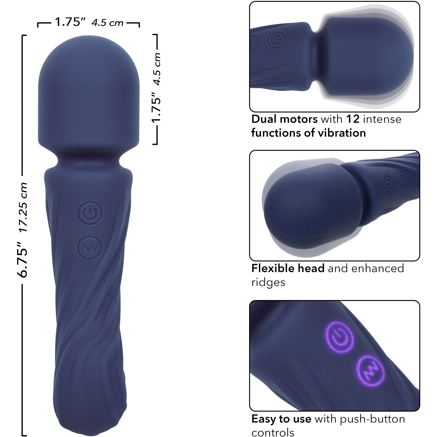 Charisma Allure Rechargeable Waterproof Silicone Dual Motor Mini Wand Vibrator - Measurements