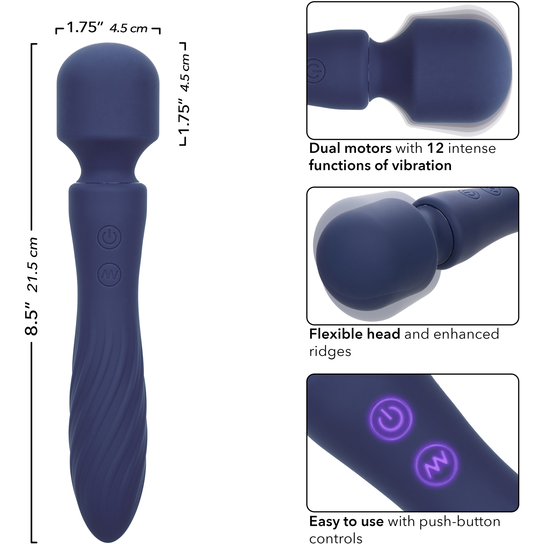 Charisma Mystique Rechargeable Waterproof Silicone Dual Motor Wand Vibrator - Measurements