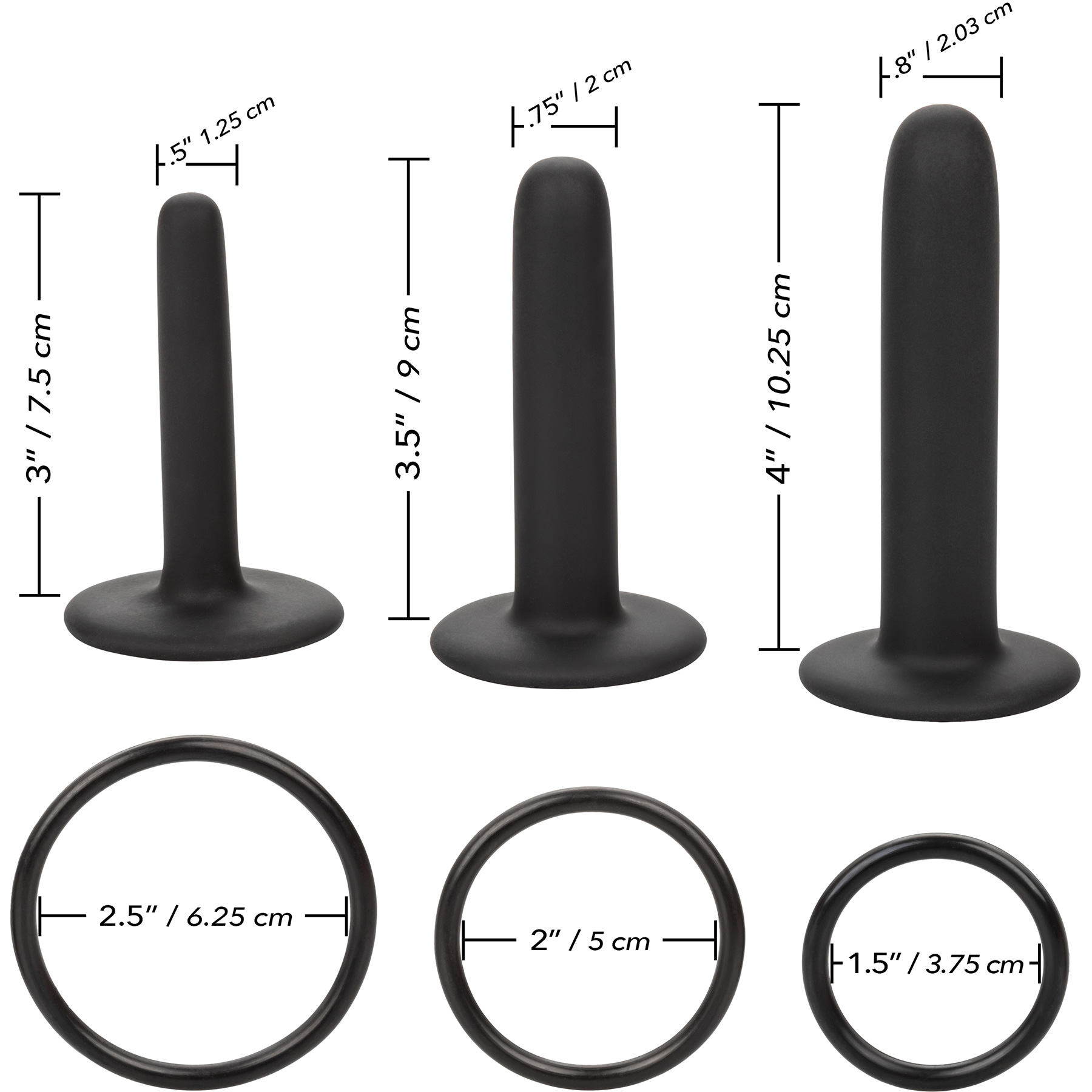 Boundless Silicone Pegging Kit With 3 Probes & 3 Rings By CalExotics - Measurements Graphic