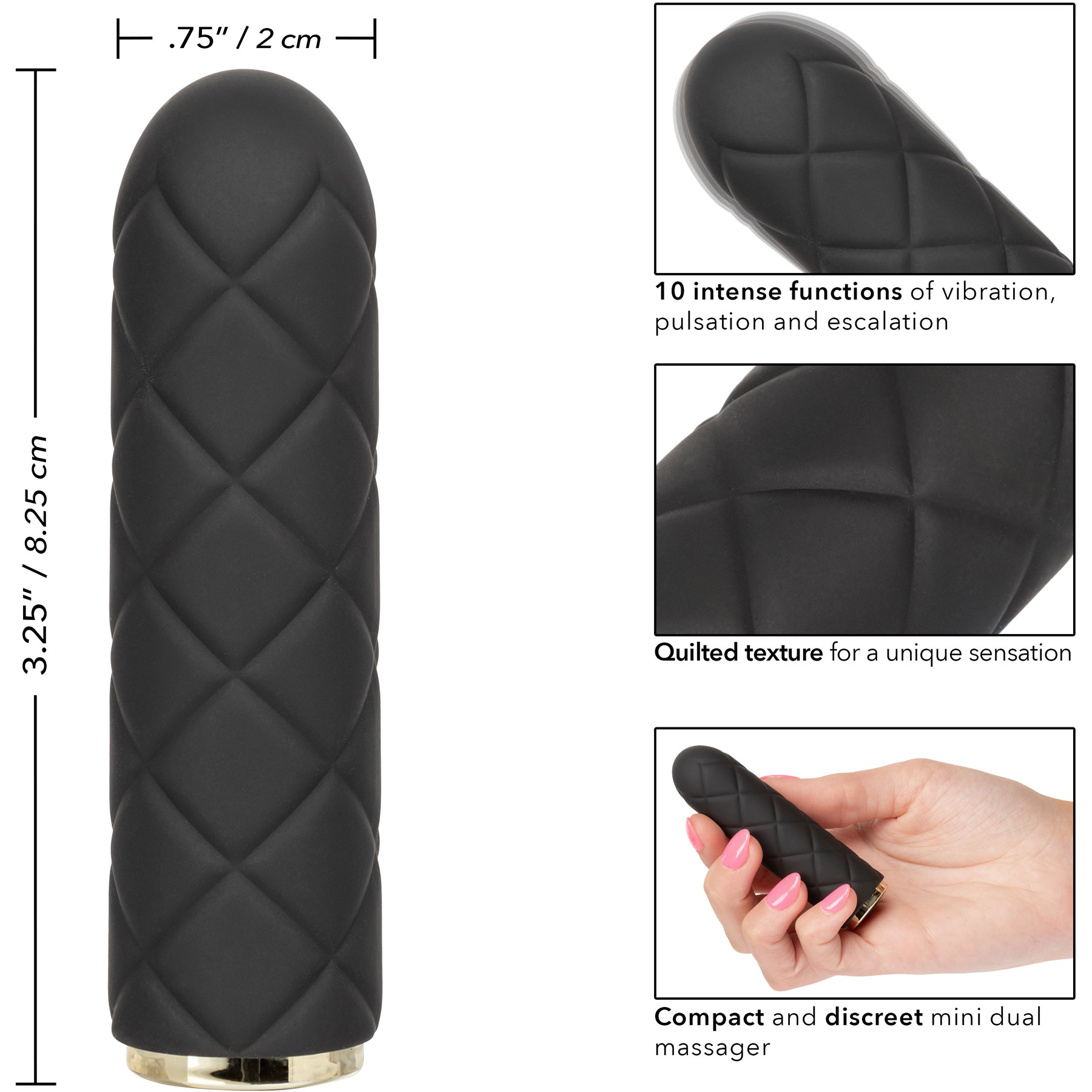 Raven Quilted Seducer Rechargeable Waterproof Silicone Bullet Vibrator - Measurements