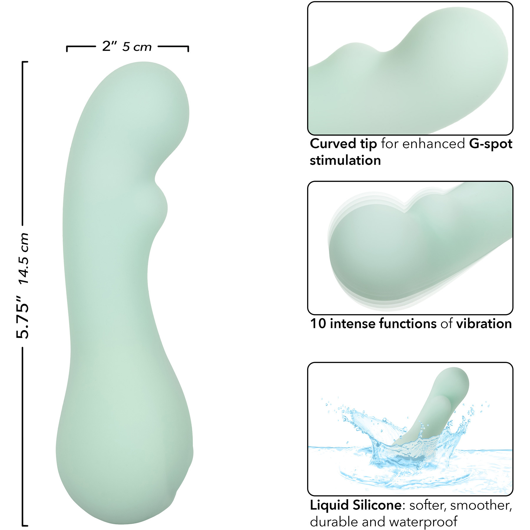 Pacifica Bora Bora Rechargeable Waterproof Silicone G-Spot Vibrator - Measurements